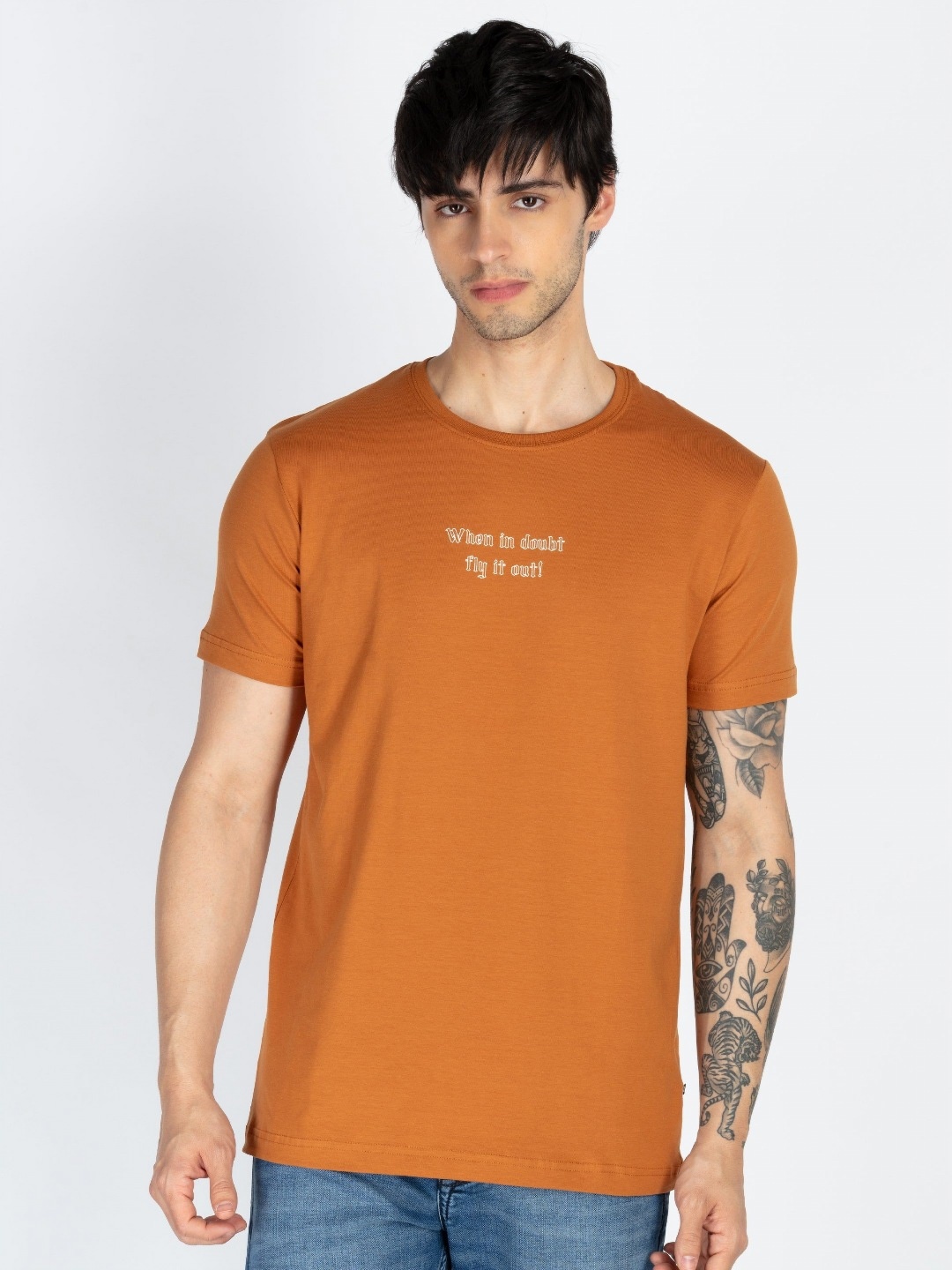 

Status Quo Men Typography Printed Round Neck Cotton T-shirt, Brown