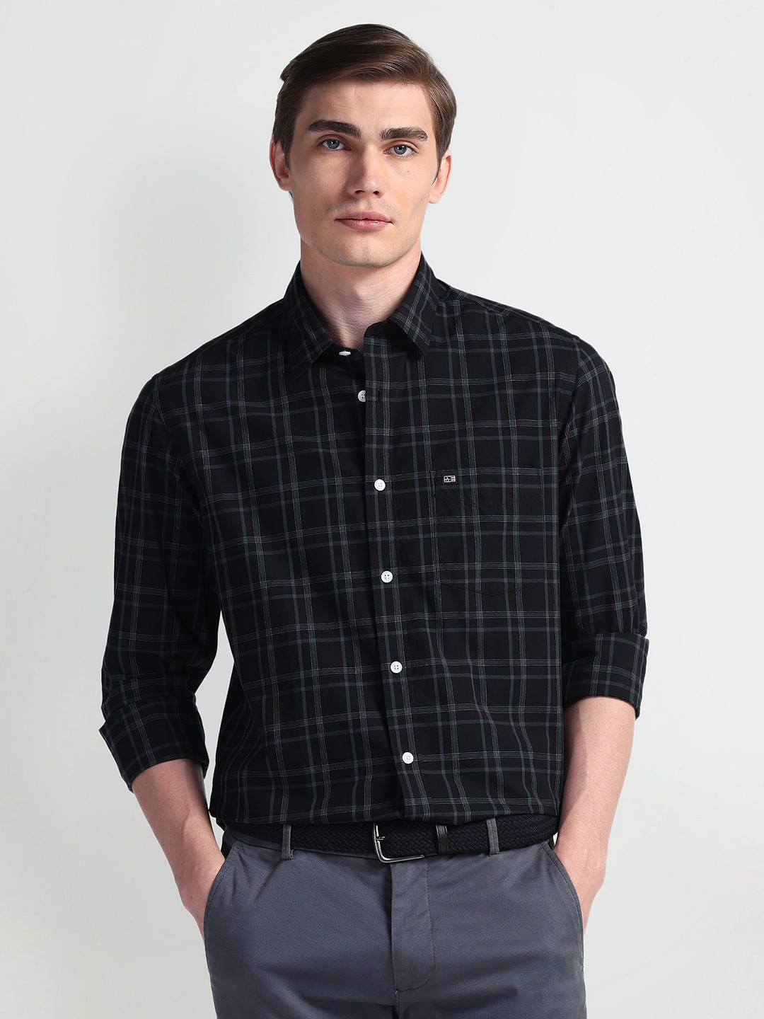 

Arrow Sport Men Slim Fit Tartan Checks Opaque Checked Formal Shirt, Black