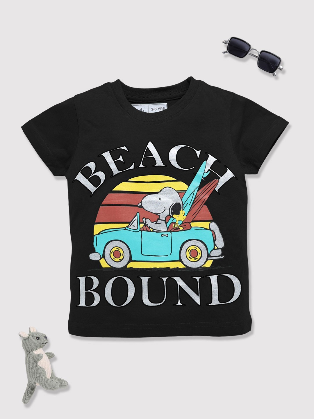 

YK X Minute Mirth Boys Peanuts Glittery Printed Pure Cotton T-shirt, Black