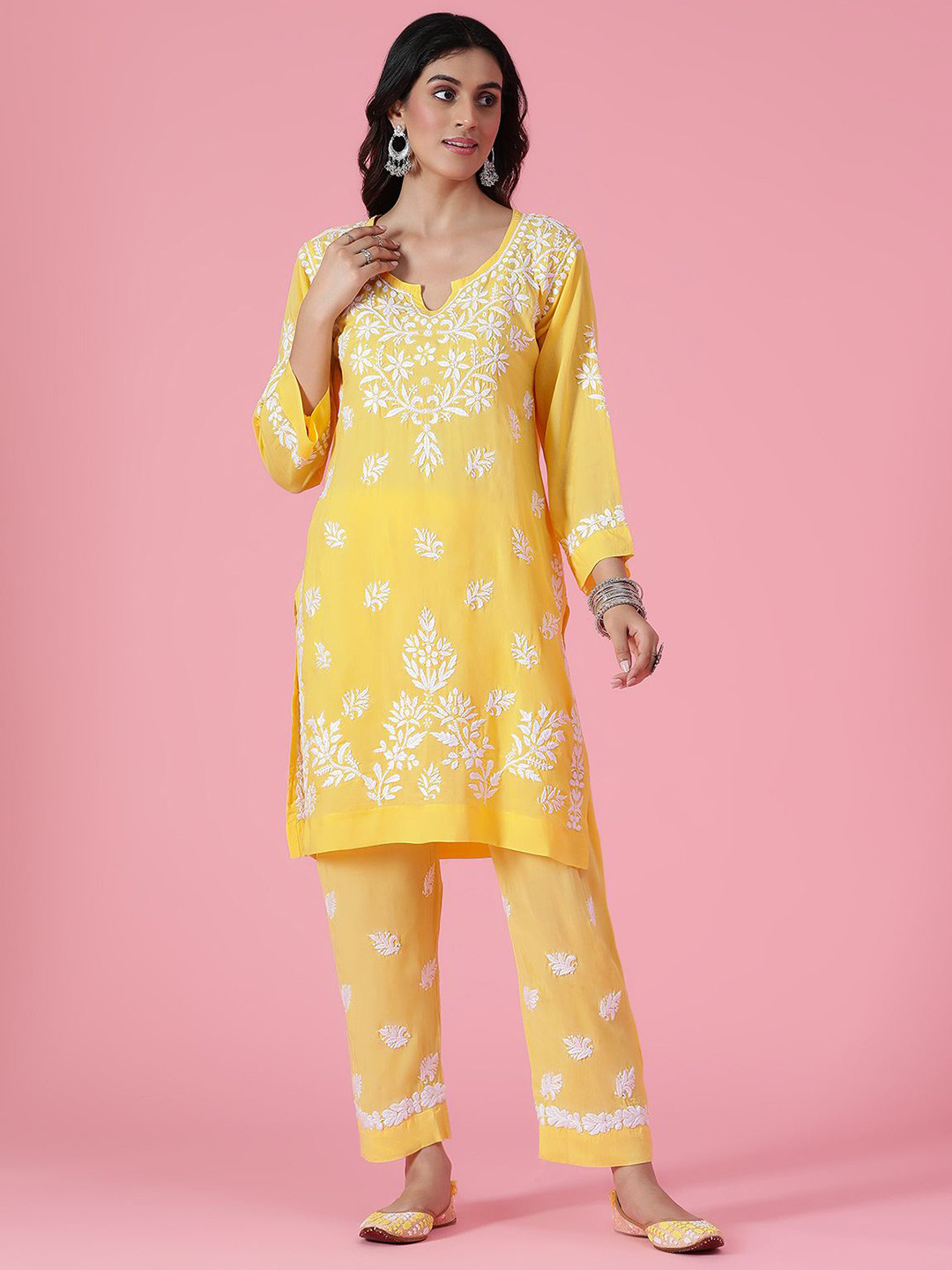 

House of Chikankari Chikankari Woven Kurta Set, Yellow