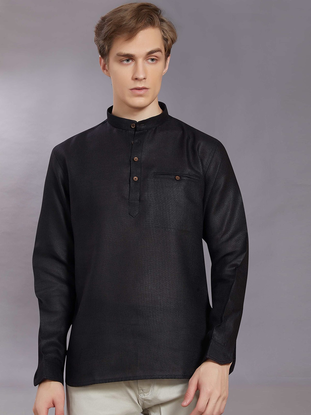 

DIVISIVE Woven Design Band Collar Pure Cotton Straight Kurta, Black
