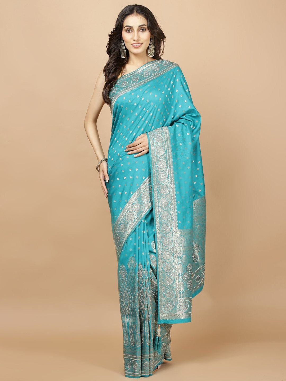 

Meena Bazaar Ethnic Motifs Booti Woven Art Silk Banarasi Saree, Sea green