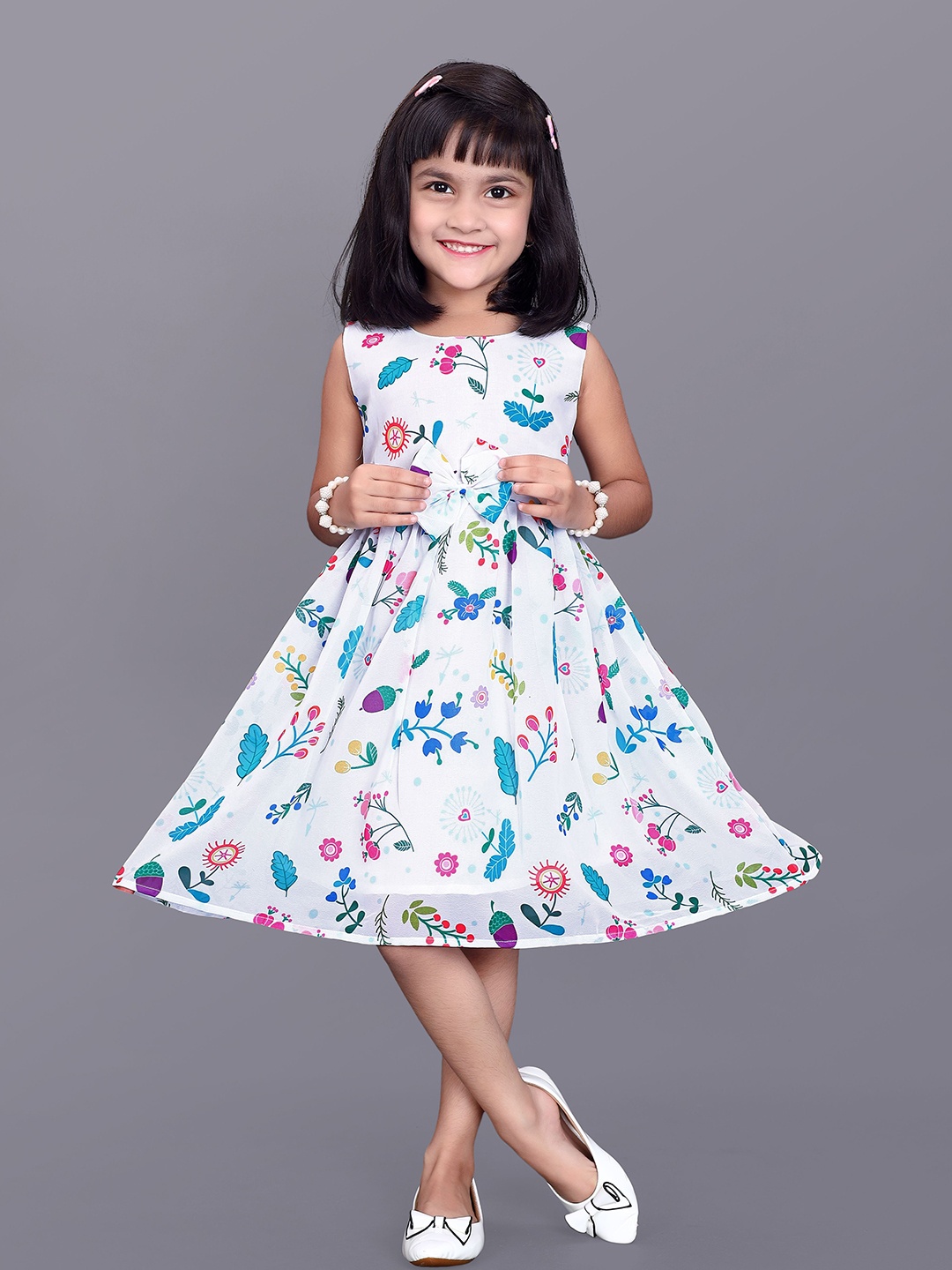 

FEBVIBE Girls Floral Printed Fit & Flare Knee Length Dress, White