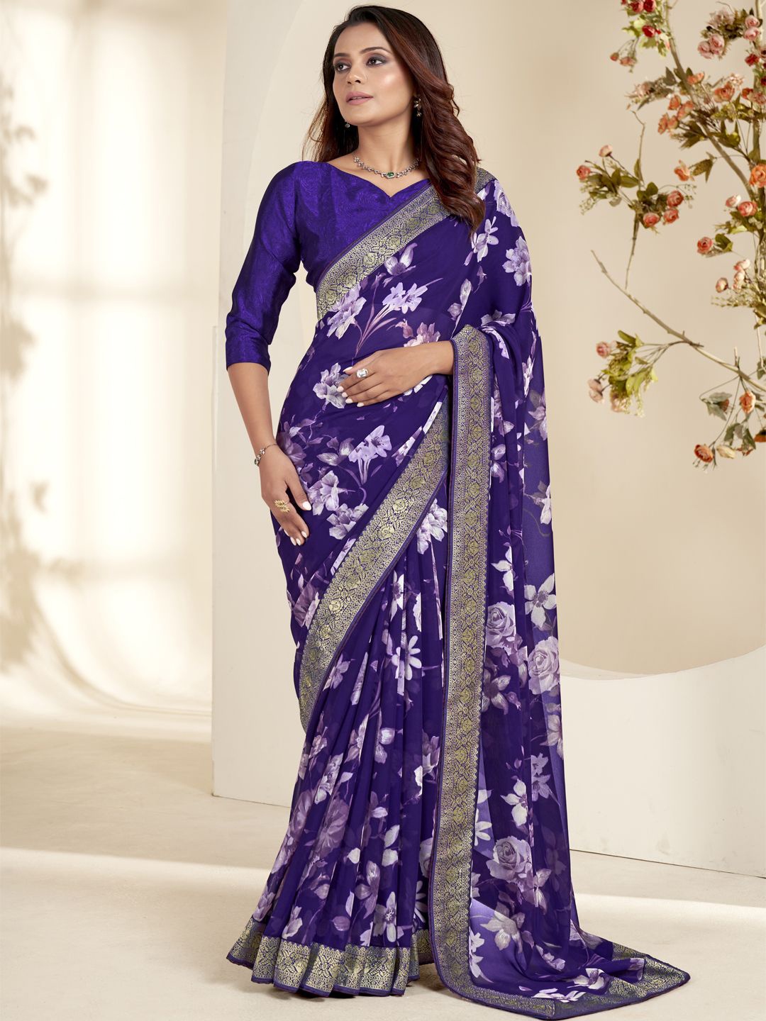 

CHUDIYA Floral Printed Zari Pure Georgette Saree, Purple