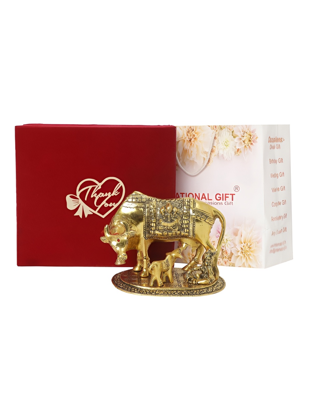 

INTERNATIONAL GIFT Gold-Toned Kamdhenu Cow Statue with Thank You Tag & Velvet Box