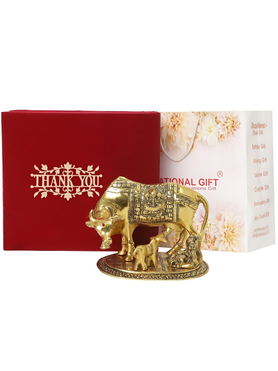 

INTERNATIONAL GIFT Gold-Toned Kamdhenu Cow Statue with Thank You Tag & Velvet Box