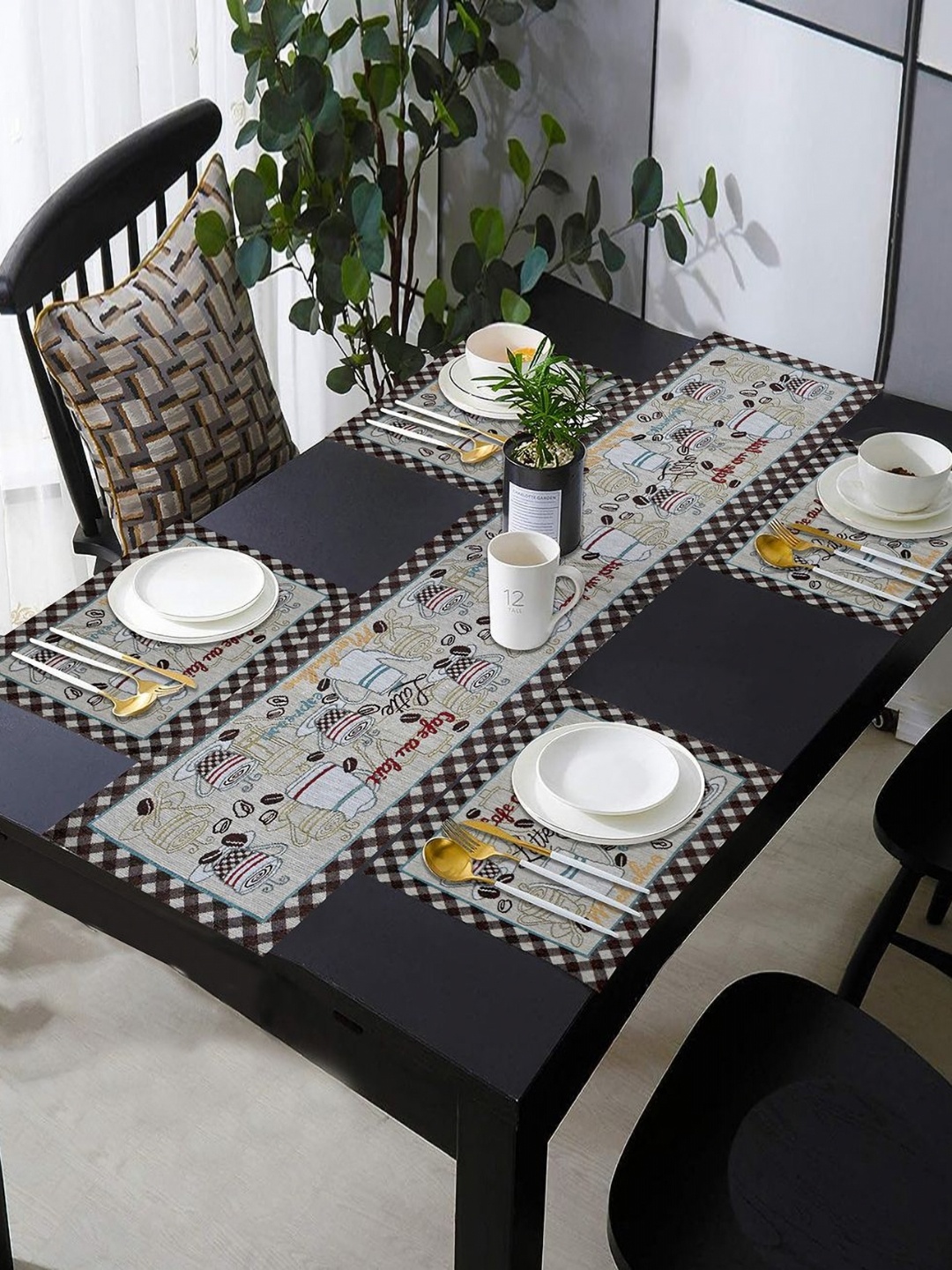 

PRAKARTIK Set of 5 Beige & Brown Printed Cotton Dining Table Mats &Runner, Coffee brown