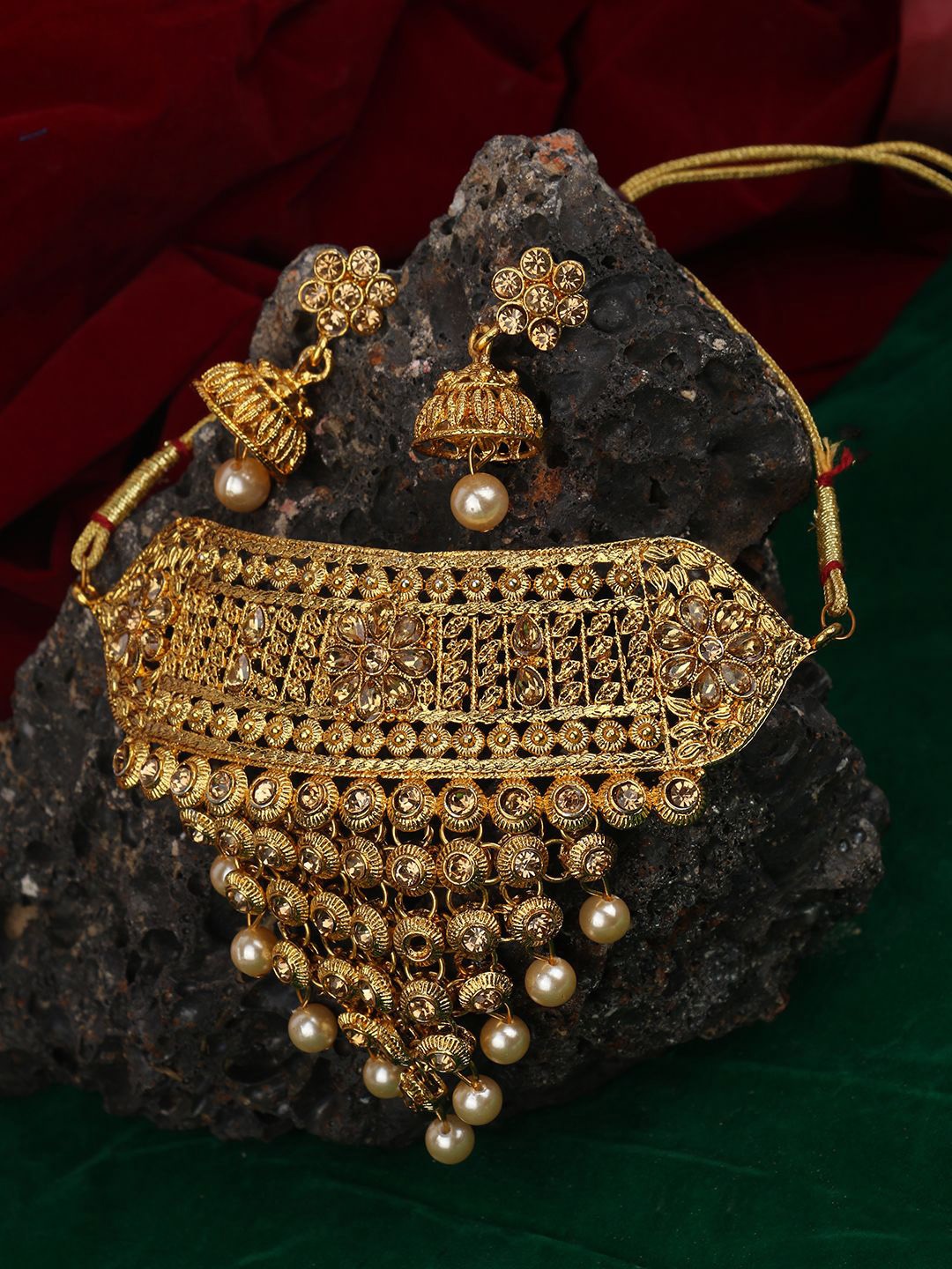 

ANIKAS CREATION Gold-Plated Stone-Studded & Beaded Necklace & Earrings