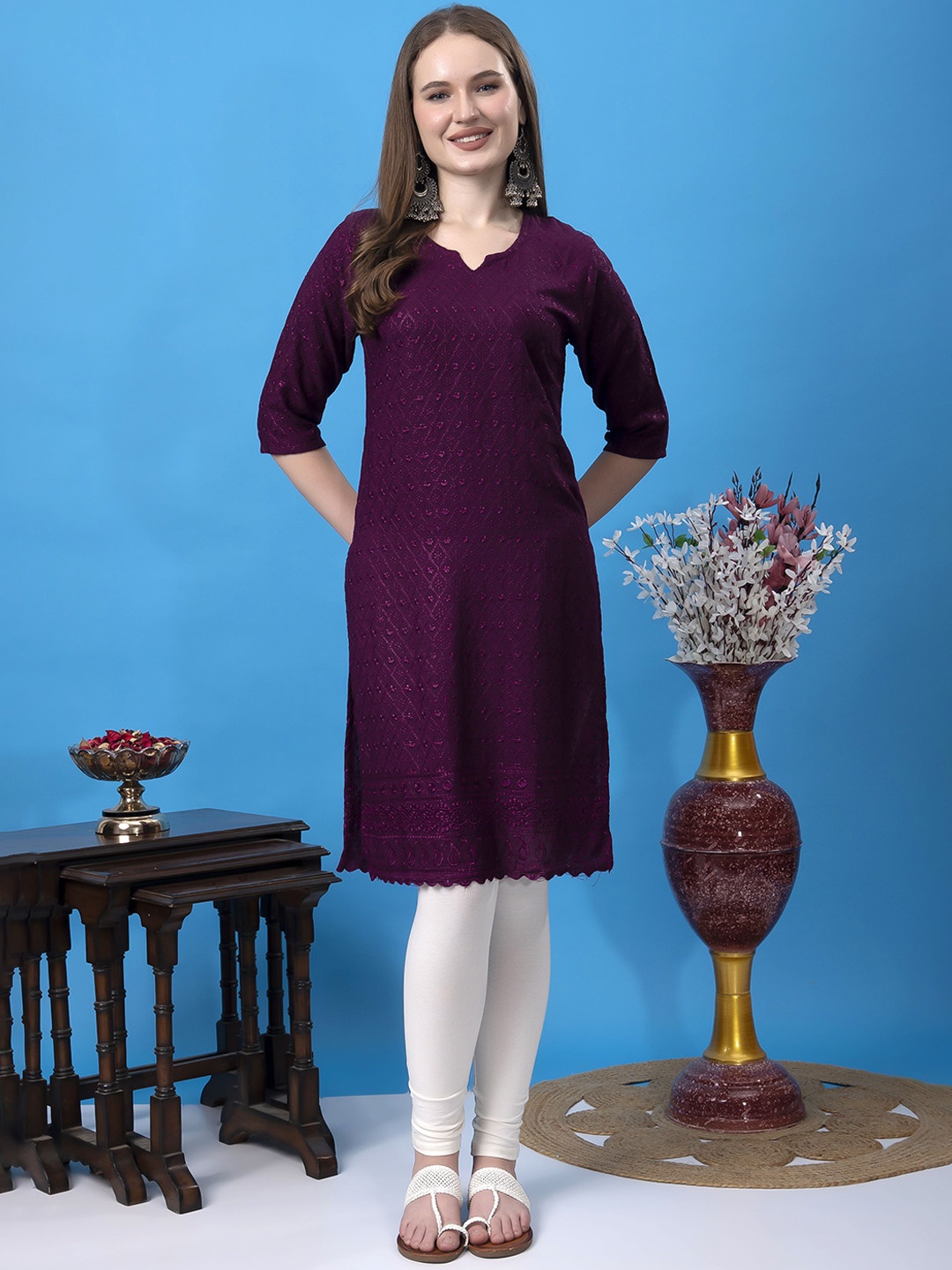

KEX Ethnic Motifs Embroidered Chikankari Kurta with Trouser, Purple