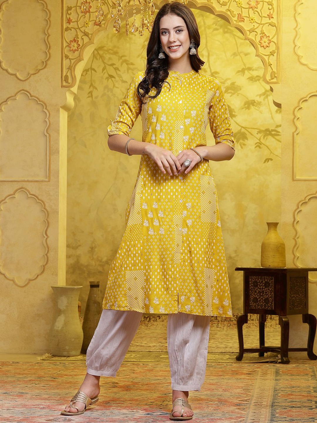 

Stylum Ethnic Motifs Printed Roll-Up Sleeves Regular Kurta With Harem Pants, Mustard