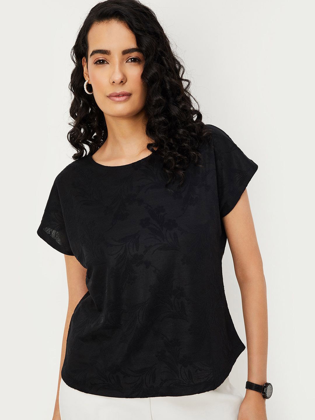 

max Women Floral Printed Round Neck Top, Black