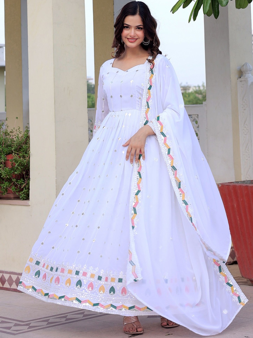 

KALINI Embroidered Anarkali Kurta With Pyjamas & Dupatta, White