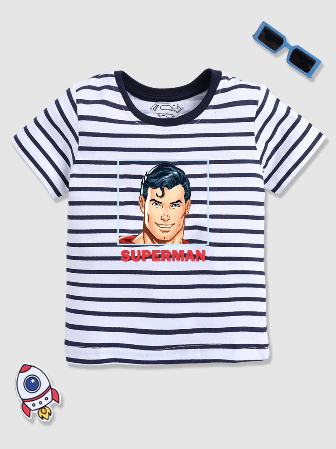 

YK X Minute Mirth Boys Superman Striped Cotton T-shirt, Navy blue
