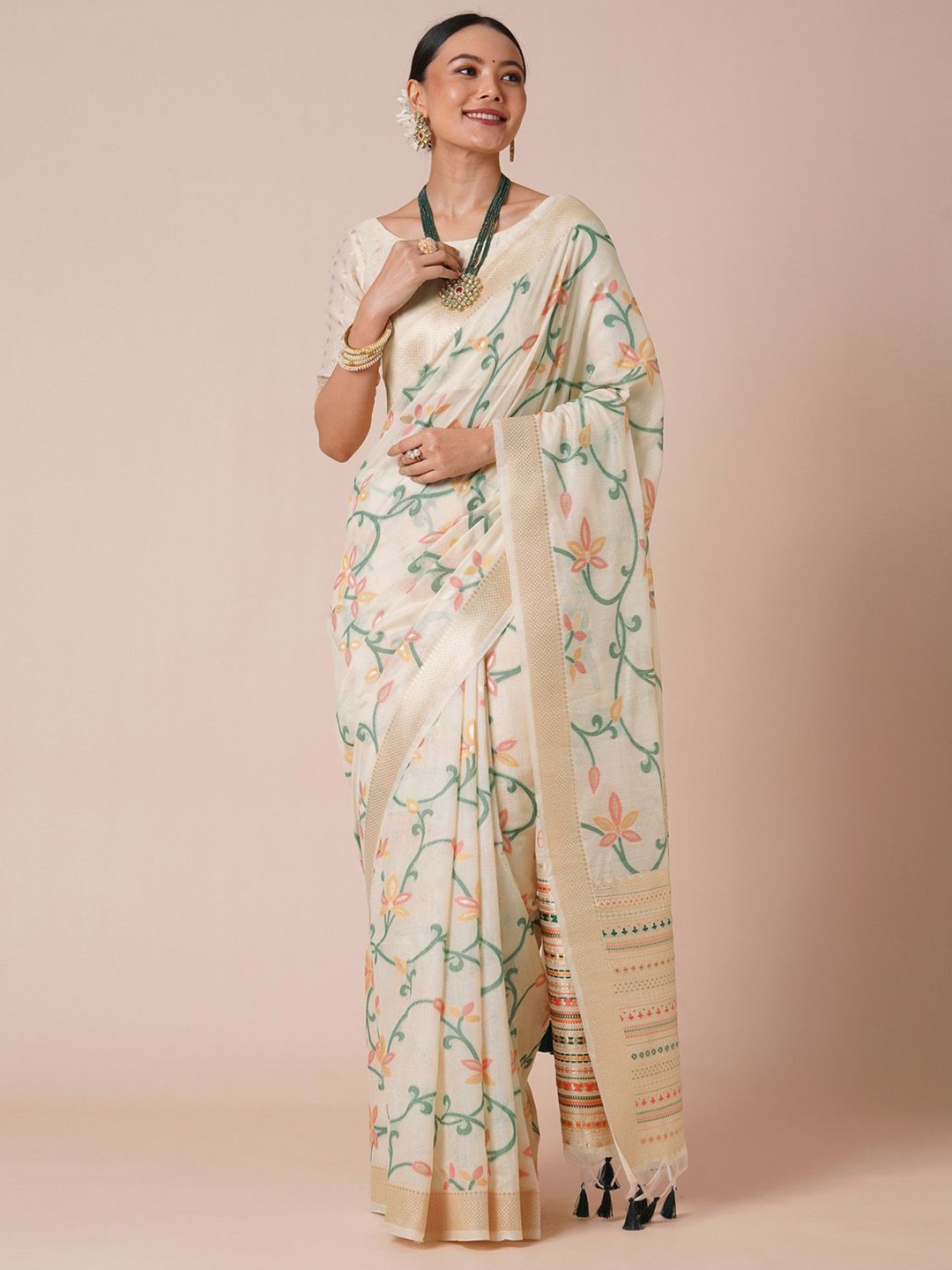 

Anouk Ethnic Motifs Zari Banarasi Saree, Cream