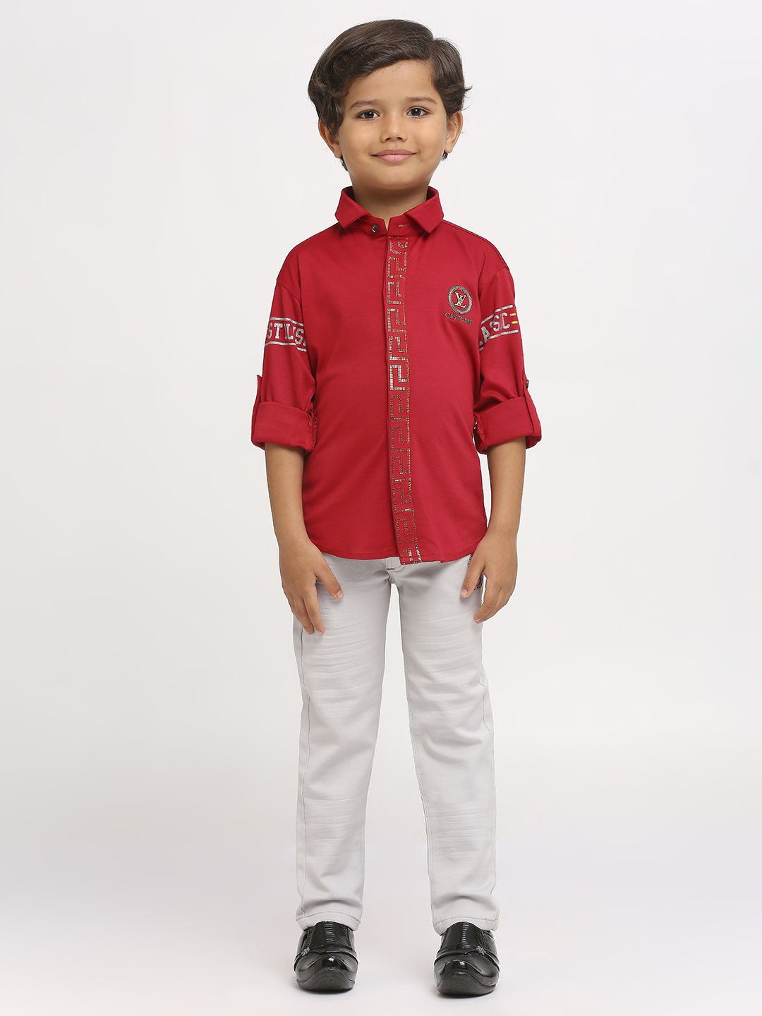 

YK Boys Embellished Shirt Collar Long Sleeves Cotton Blend Shirt With Trousers, Maroon