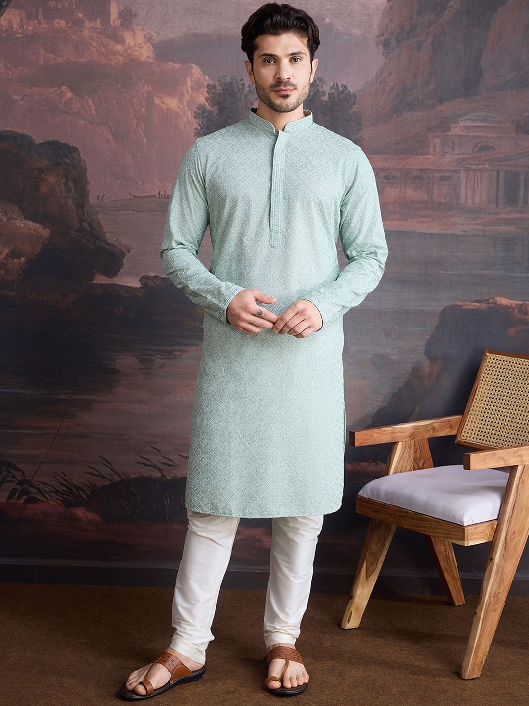 

House of Pataudi Embroidered Mandarin Collar Chikankari Cotton Straight Kurta, Green