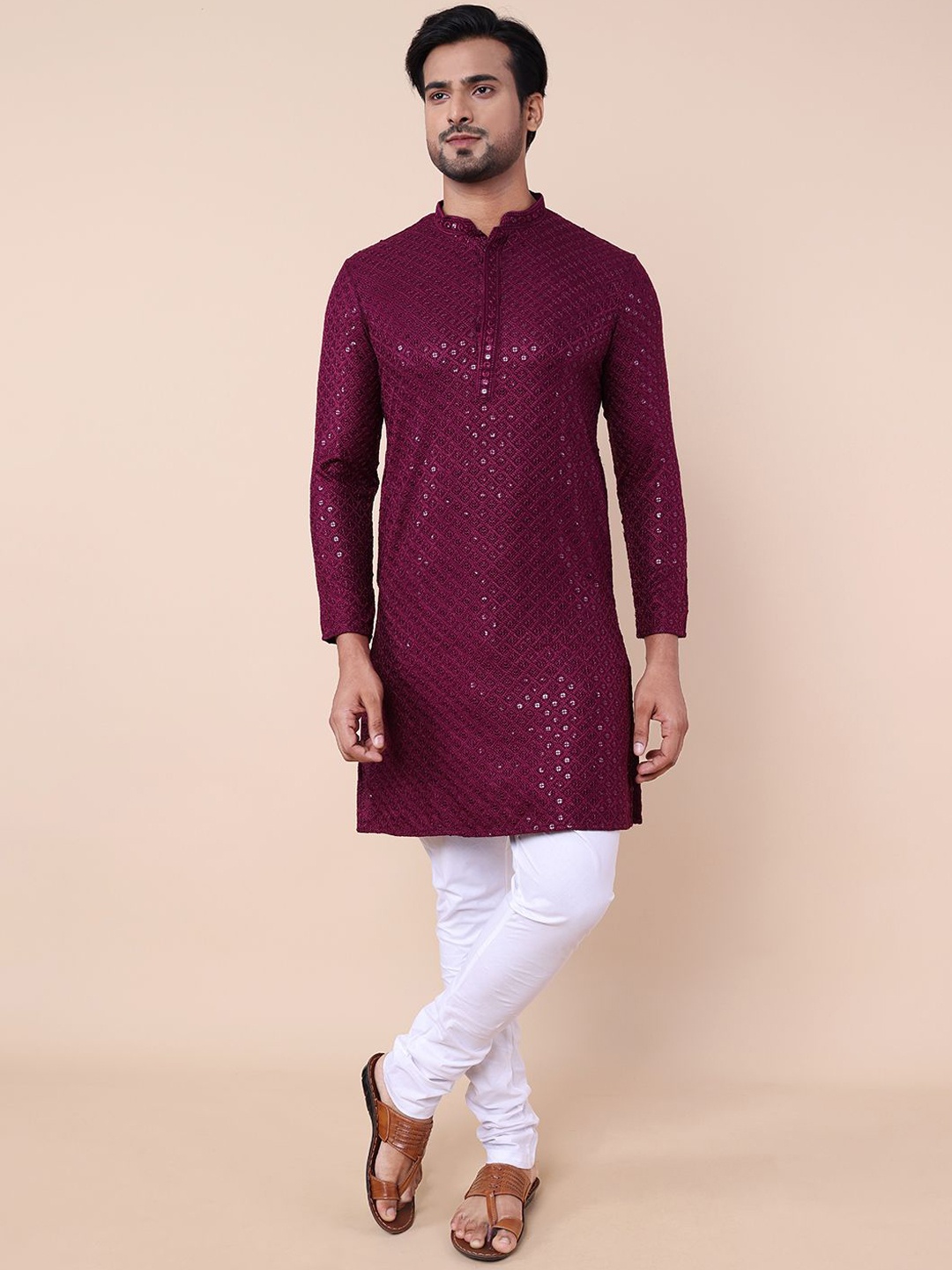 

NAMASKAR Floral Embroidered Sequinned Pure Silk Straight Kurta With Churidar, Red