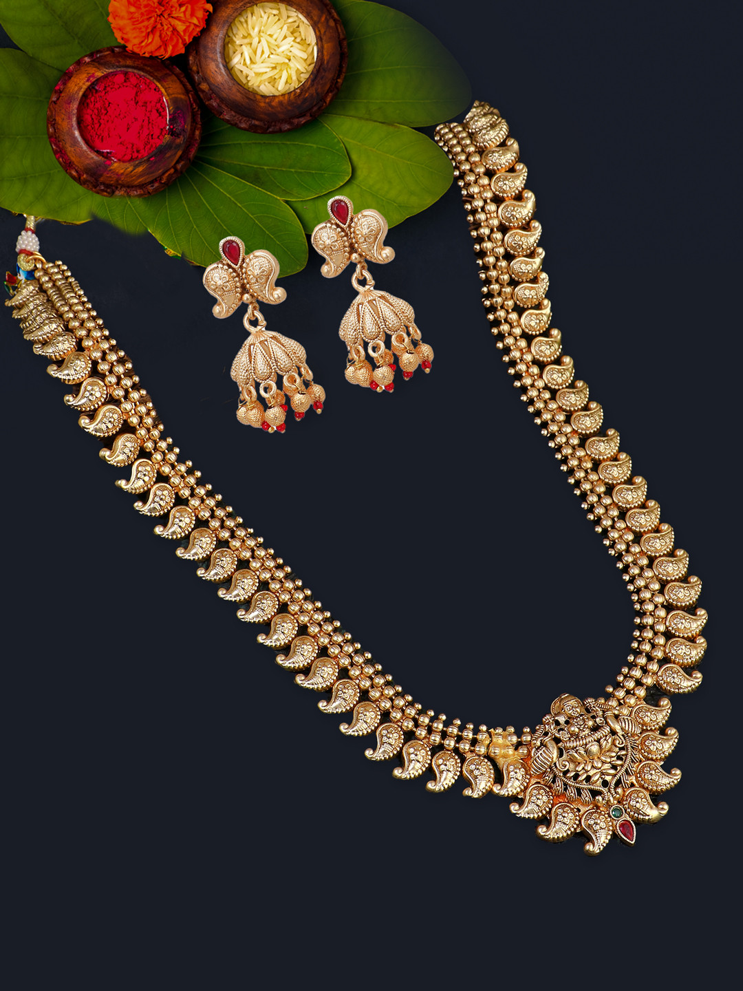 

Adwitiya Collection Gold-Plated Stones-Studded Lakshmi God Jewellery Set