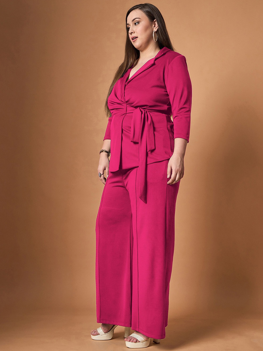 

SASSAFRAS Curve Plus Size Lapel Collar Knotted Wrap Top With Trouser, Fuchsia