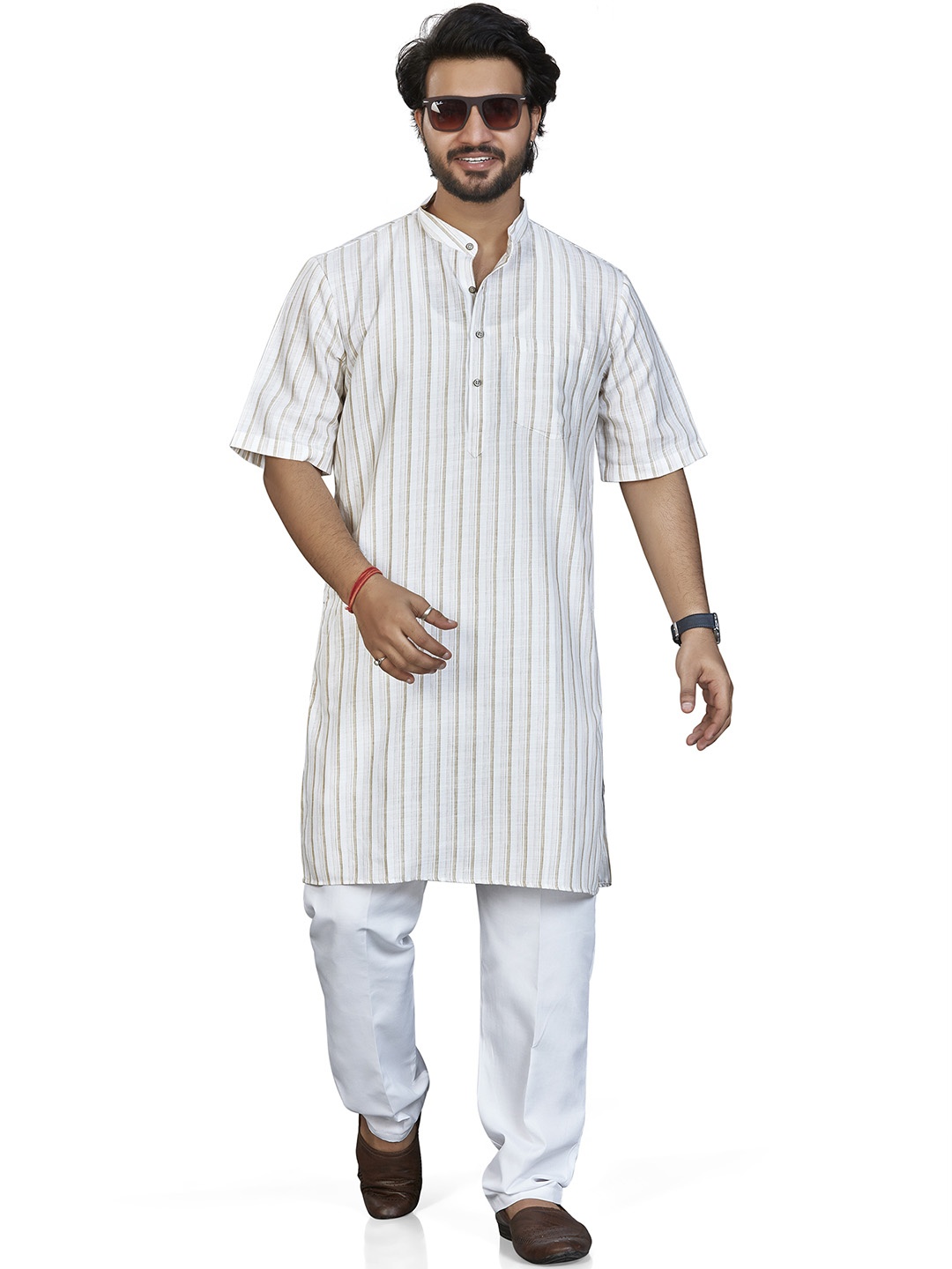 

Authentics Striped Mandarin Collar Cotton Straight Kurta, White
