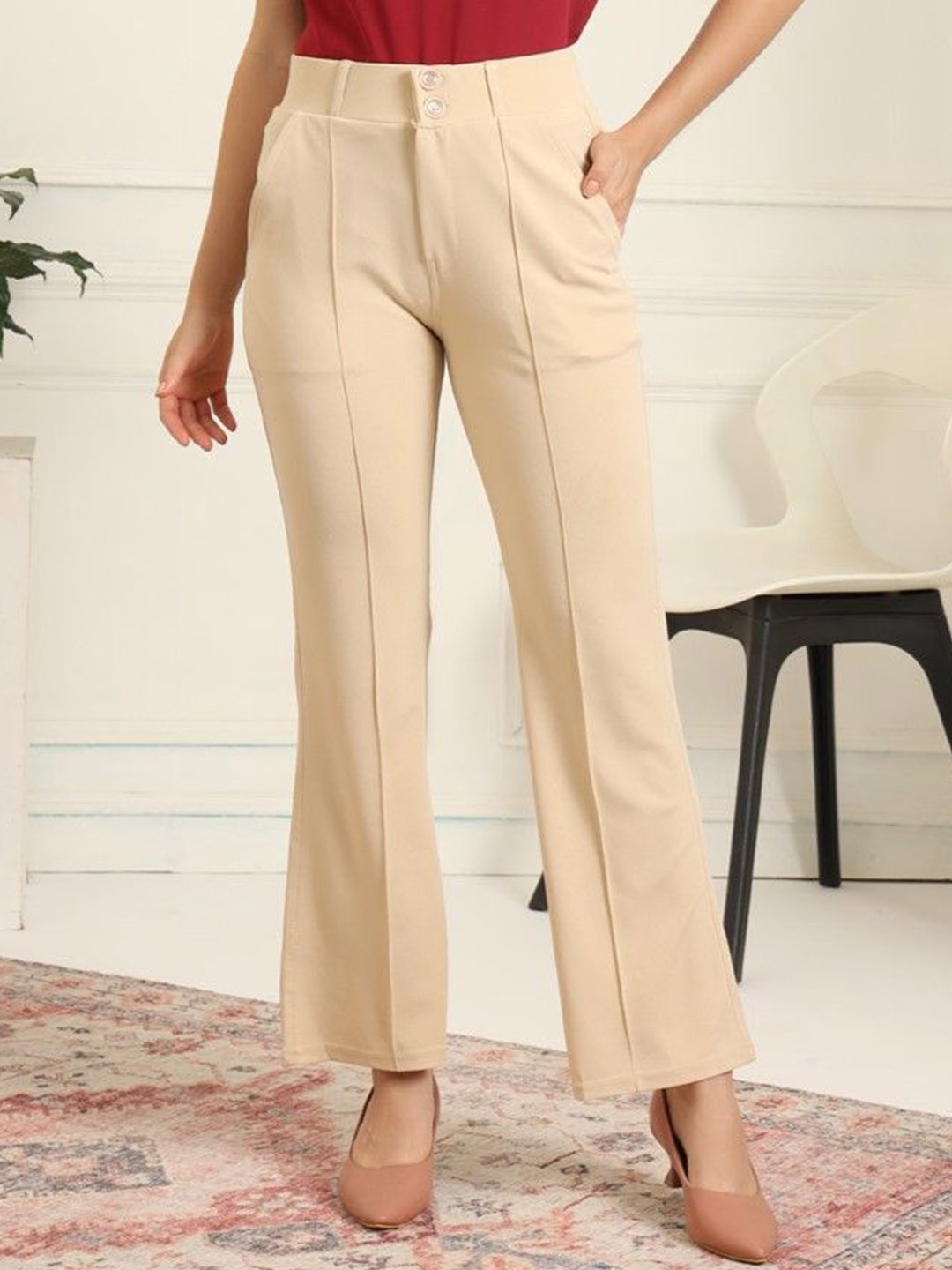 

FITHUB Women Loose Fit High-Rise Cotton Wrinkle Free Bootcut Trousers, Cream