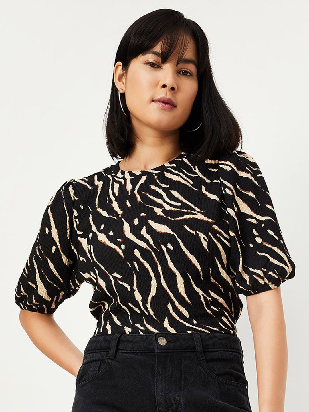 

max Women Abstract Printed Round Neck Top, Black