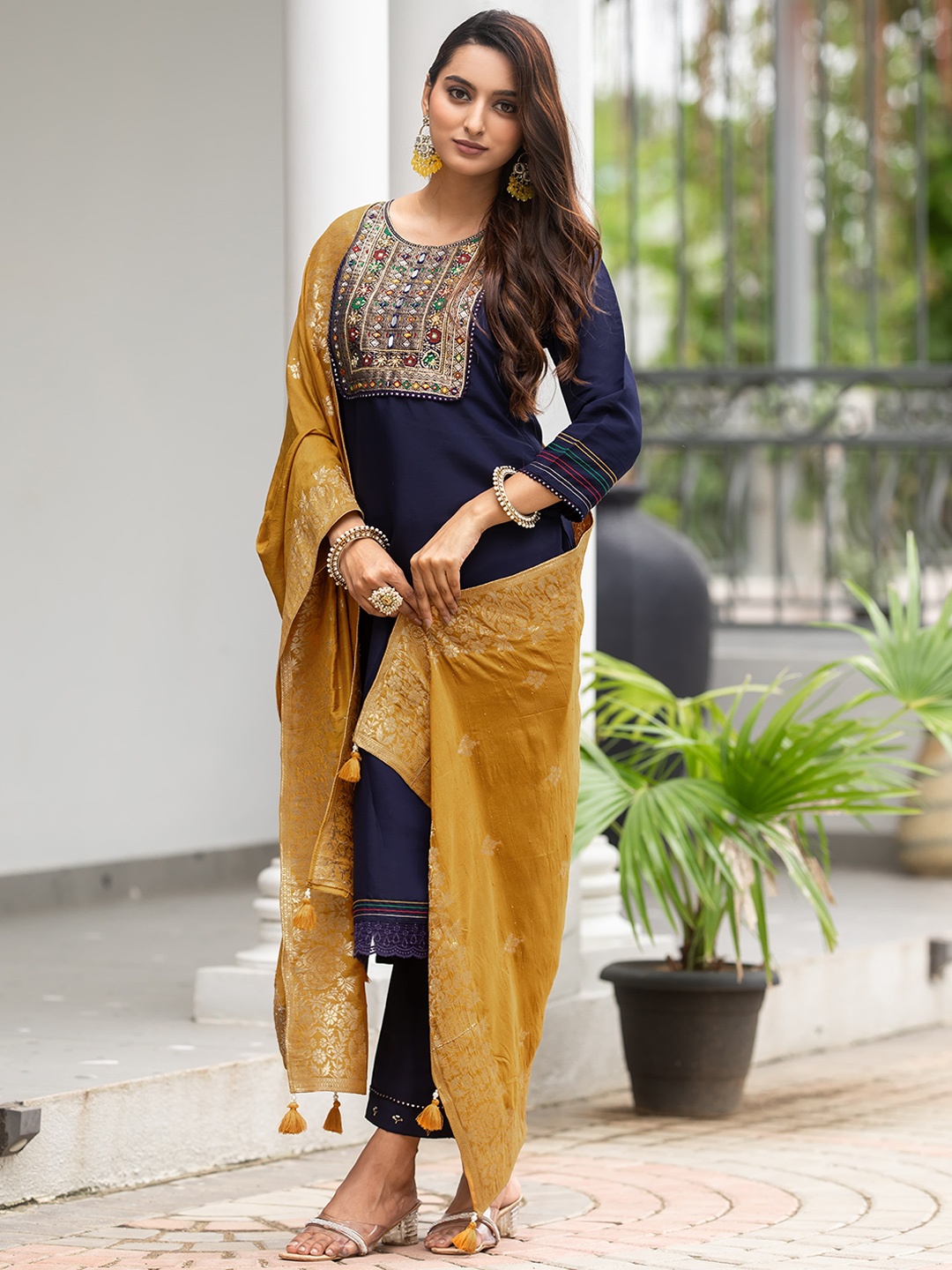 

MITTOO Embroidered Regular Straight Kurta with Palazzos & With Dupatta, Blue