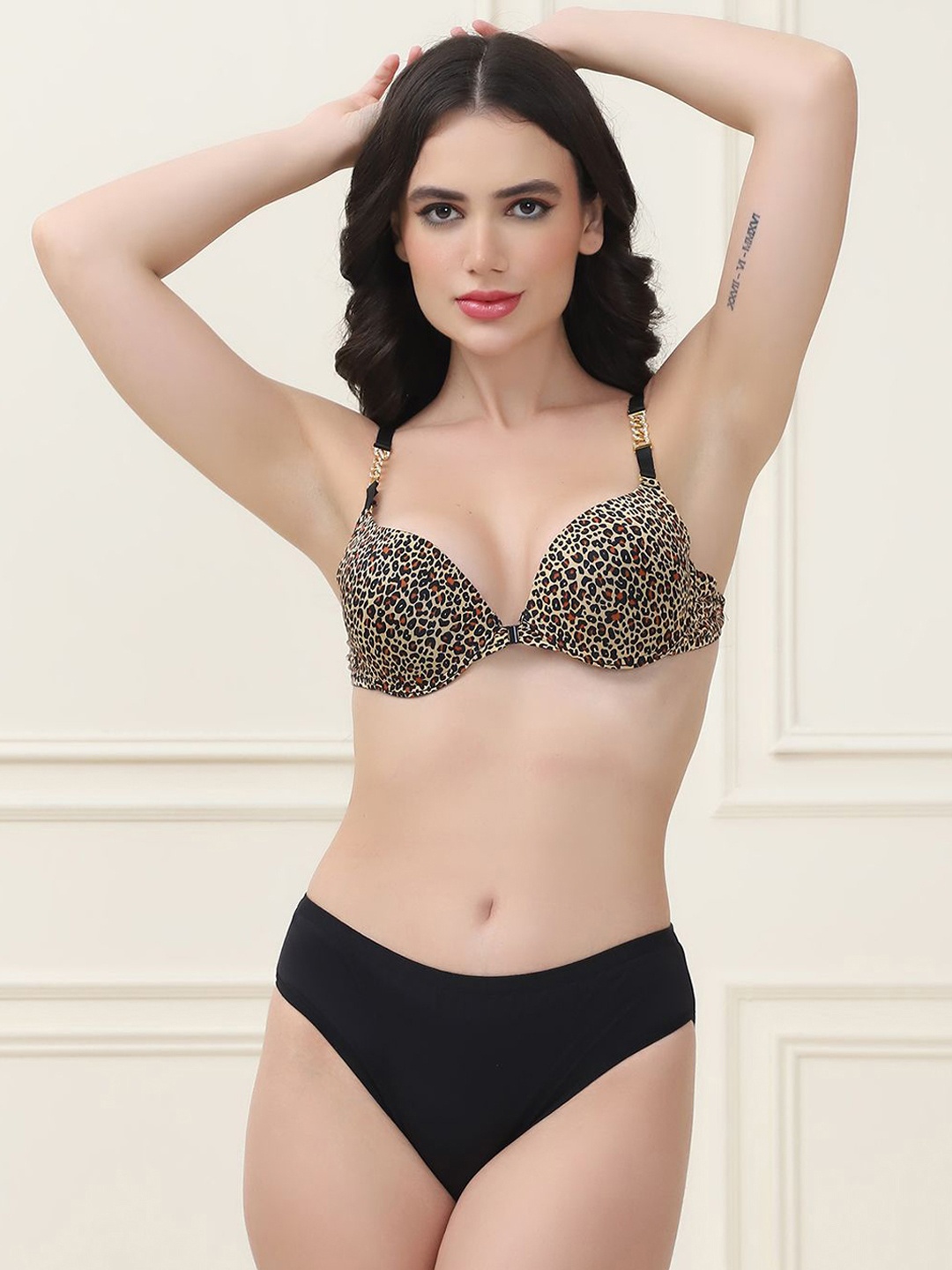 

PrettyCat Printed Lightly Padded Lingerie Set, Black