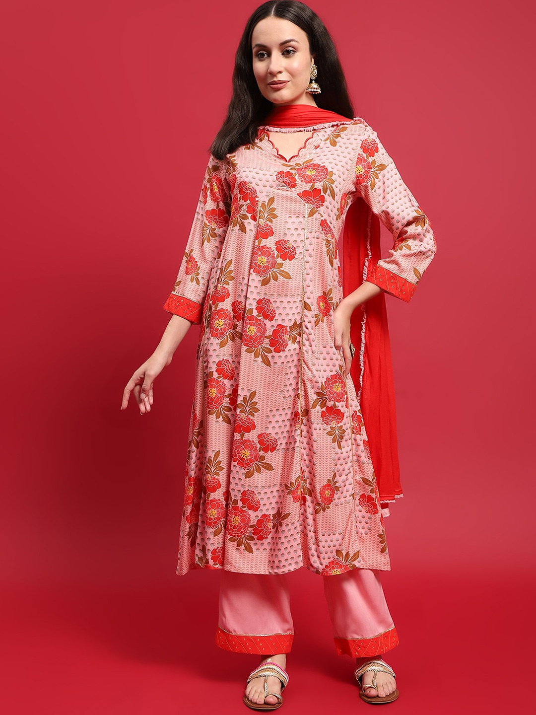 

Shree Floral Printed Thread Work Liva Anarkali Kurta with Trousers & With Dupatta, Pink