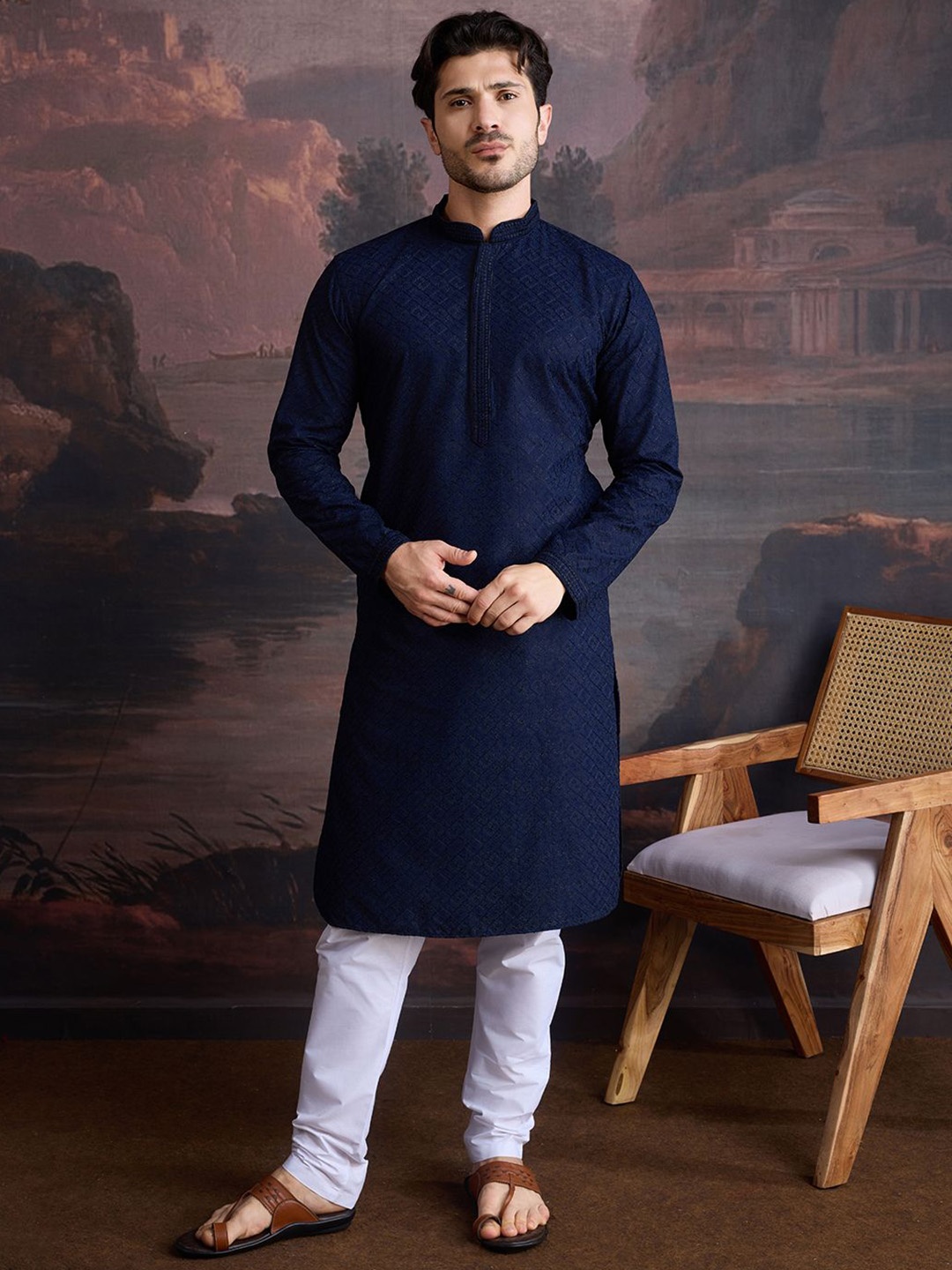 

House of Pataudi Geometric Embroidered Chikankari & Sequinned Cotton Straight Kurta, Navy blue