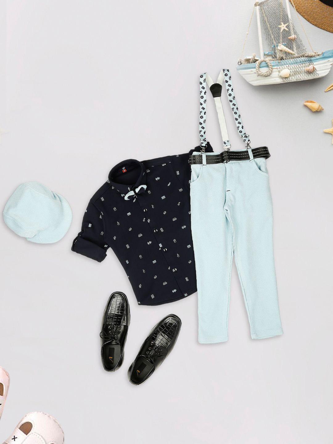 

YK Boys Printed Shirt Collar Cotton blend Shirt & Trousers & Suspender & Bow Tie, Blue