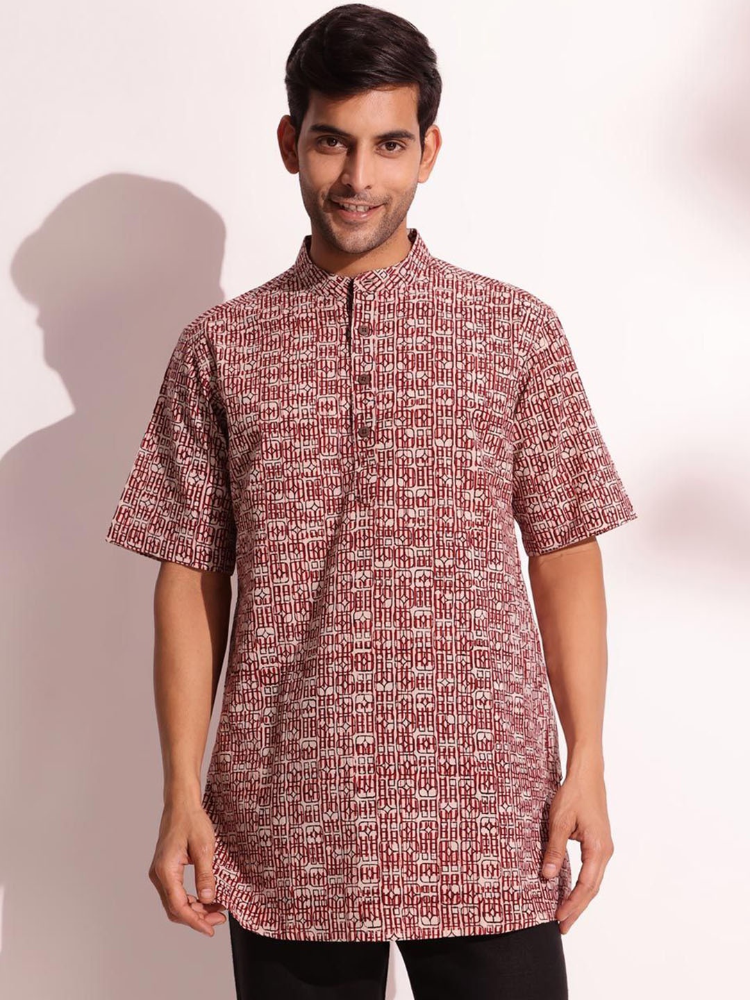 

Fabindia Bagh Printed Mandarin Collar Short Kurta, Maroon