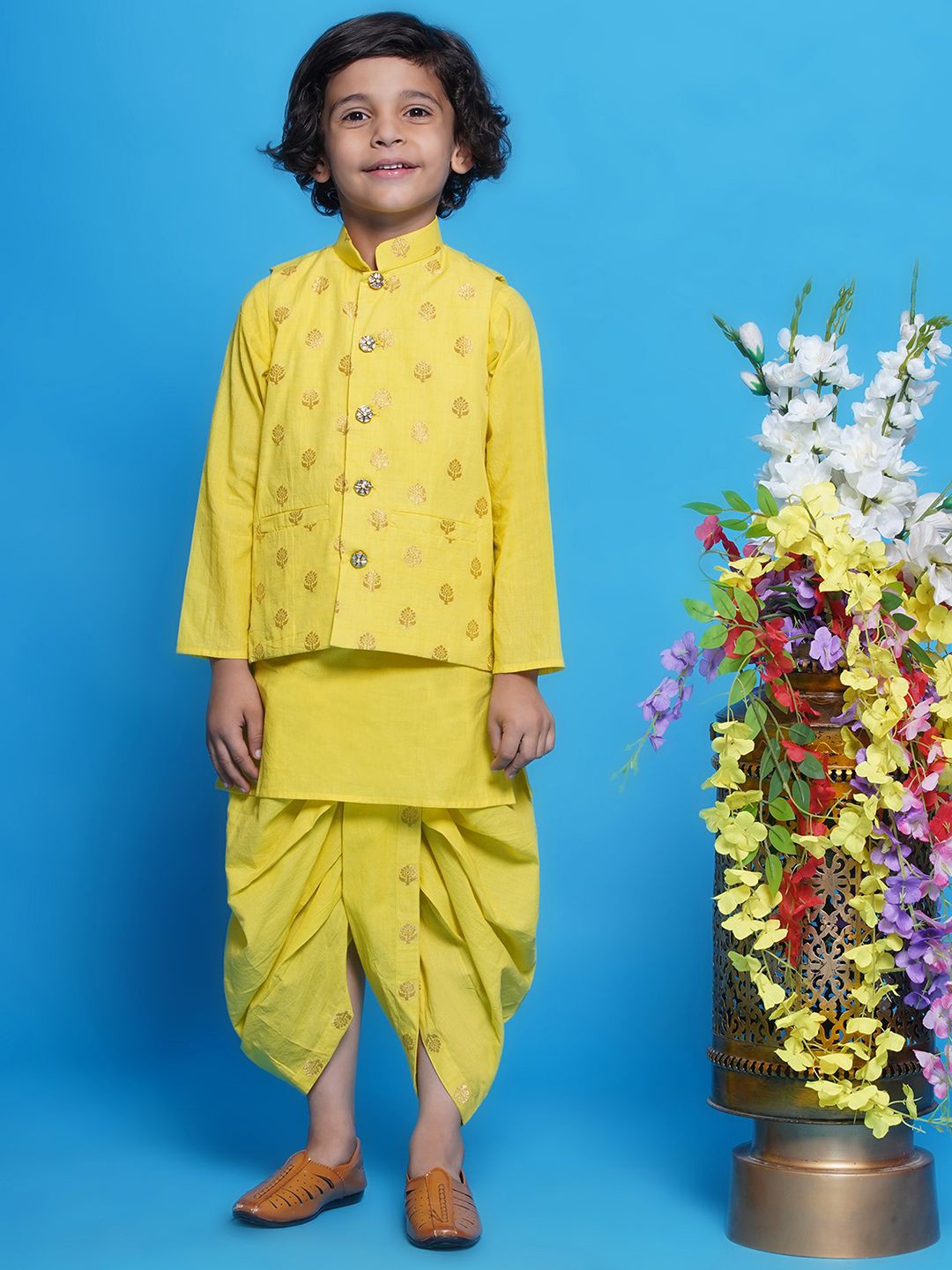 

Little Bansi Boys Straight Pure Cotton Kurta with Dhoti Pants, Yellow