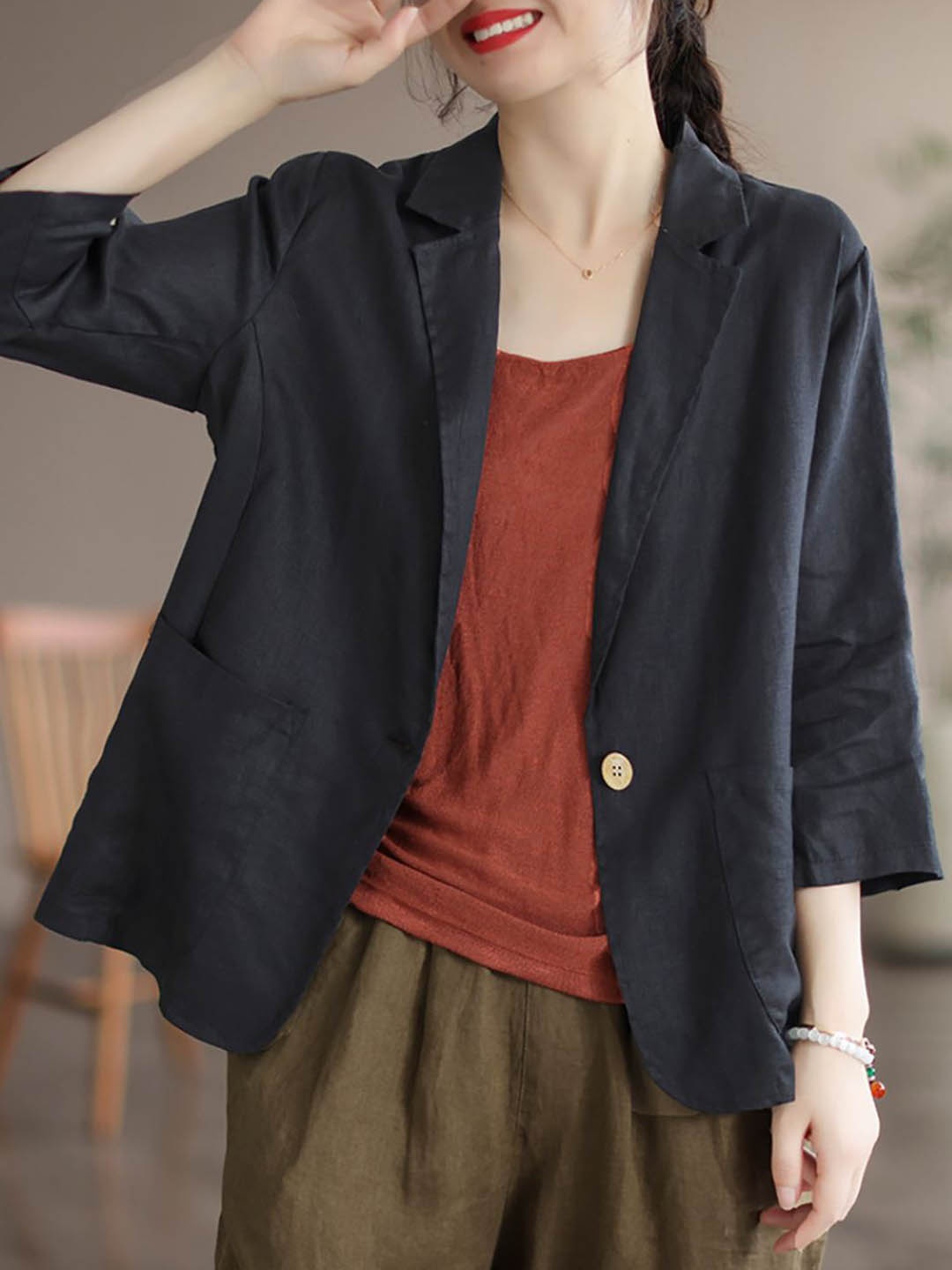 

StyleCast x Revolte Women Linen Open Front Jacket, Black