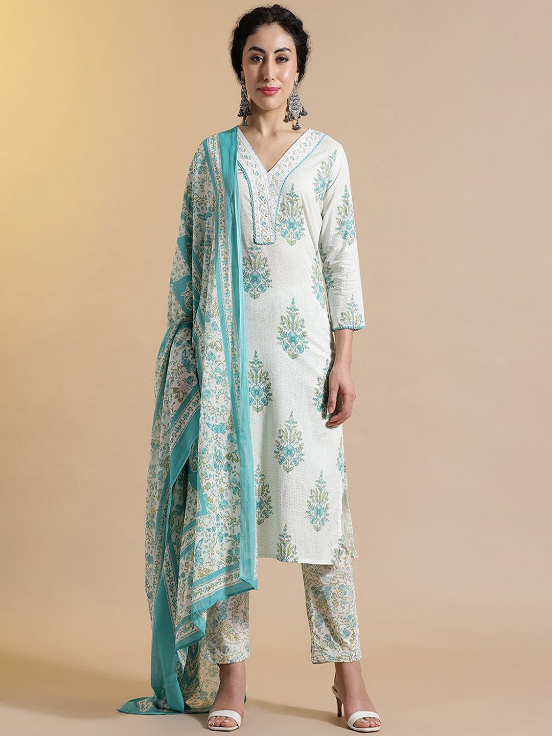 

STYLEBAAZI Women Floral Embroidered Thread Work Pure Cotton Kurta with Trousers & Dupatta, Blue