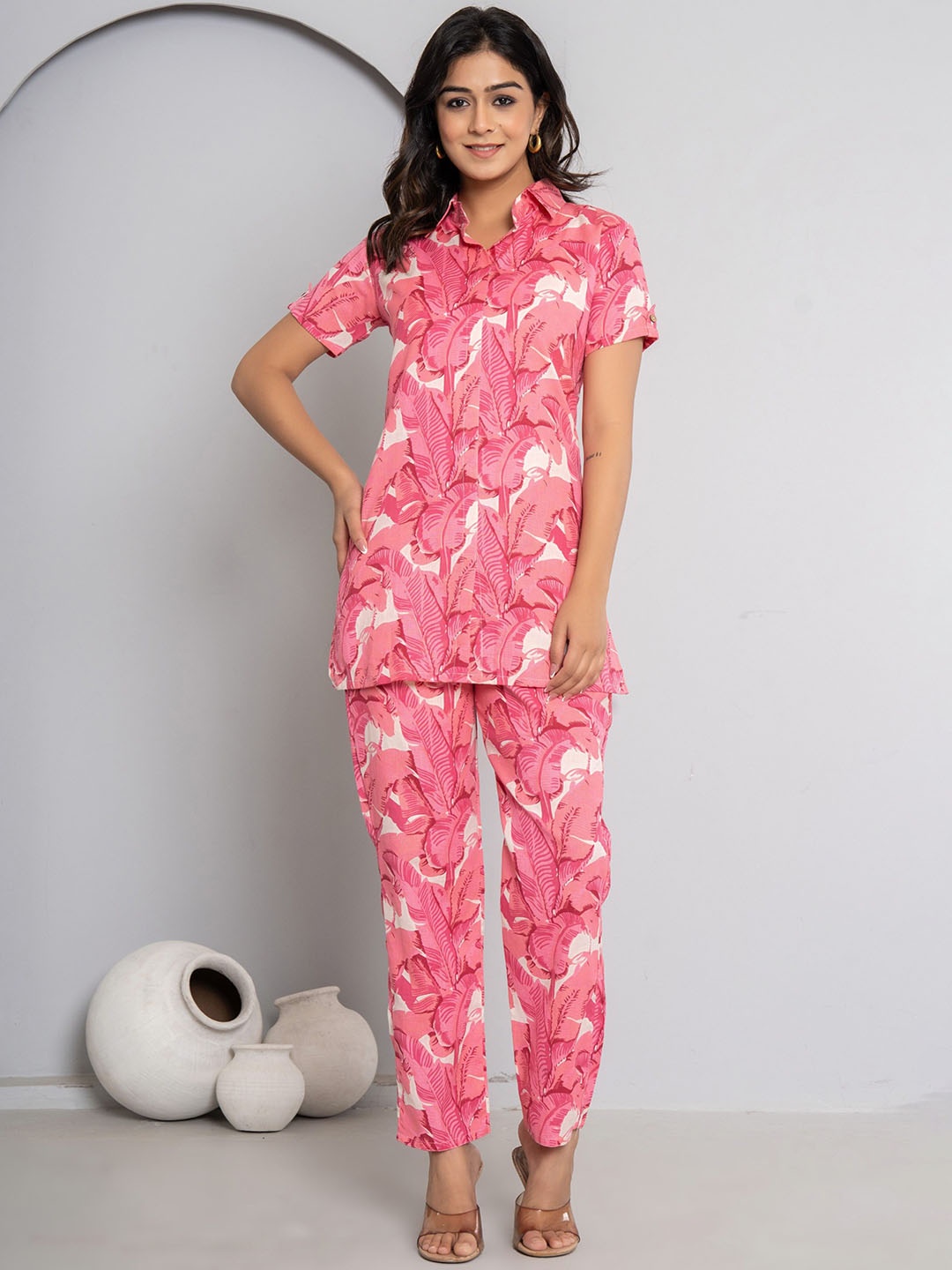 

JAIPURI BUNAAI Printed Pure Cotton Tunic & Trousers, Coral