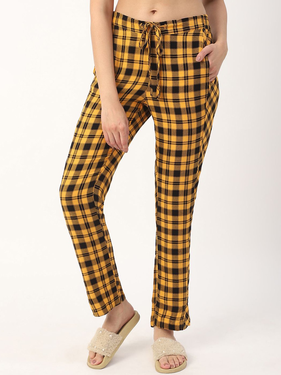 

Mystere Paris Checked Mid- Rise Lounge Pants, Mustard