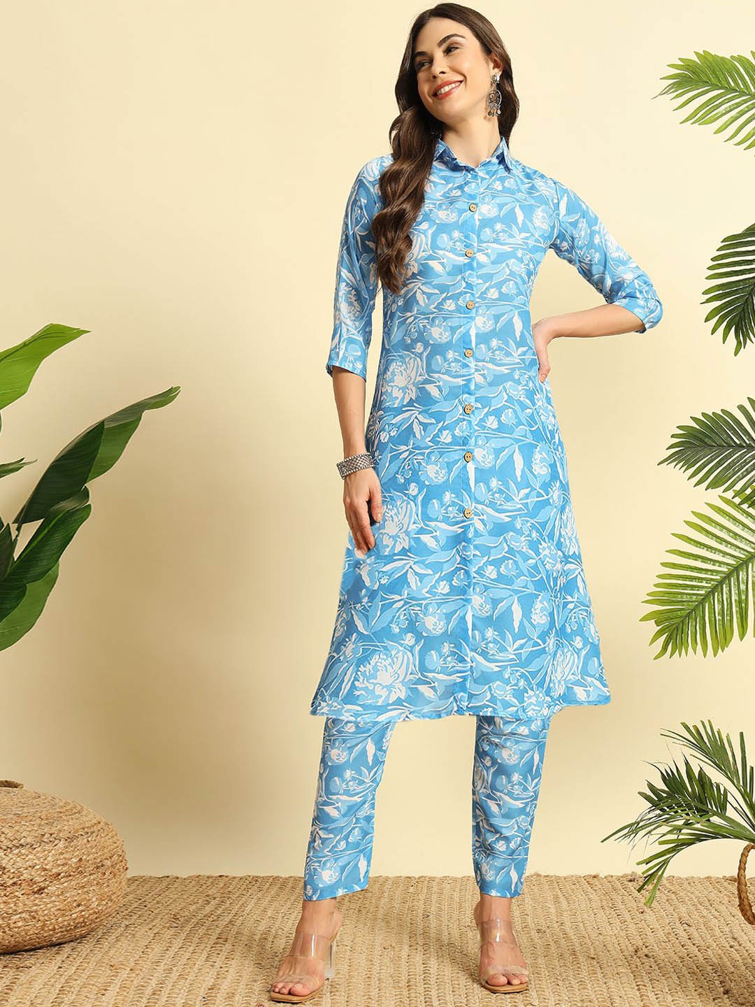 

MORLY Floral Printed Shirt Collar A-Line Kurta With Trousers, Turquoise blue