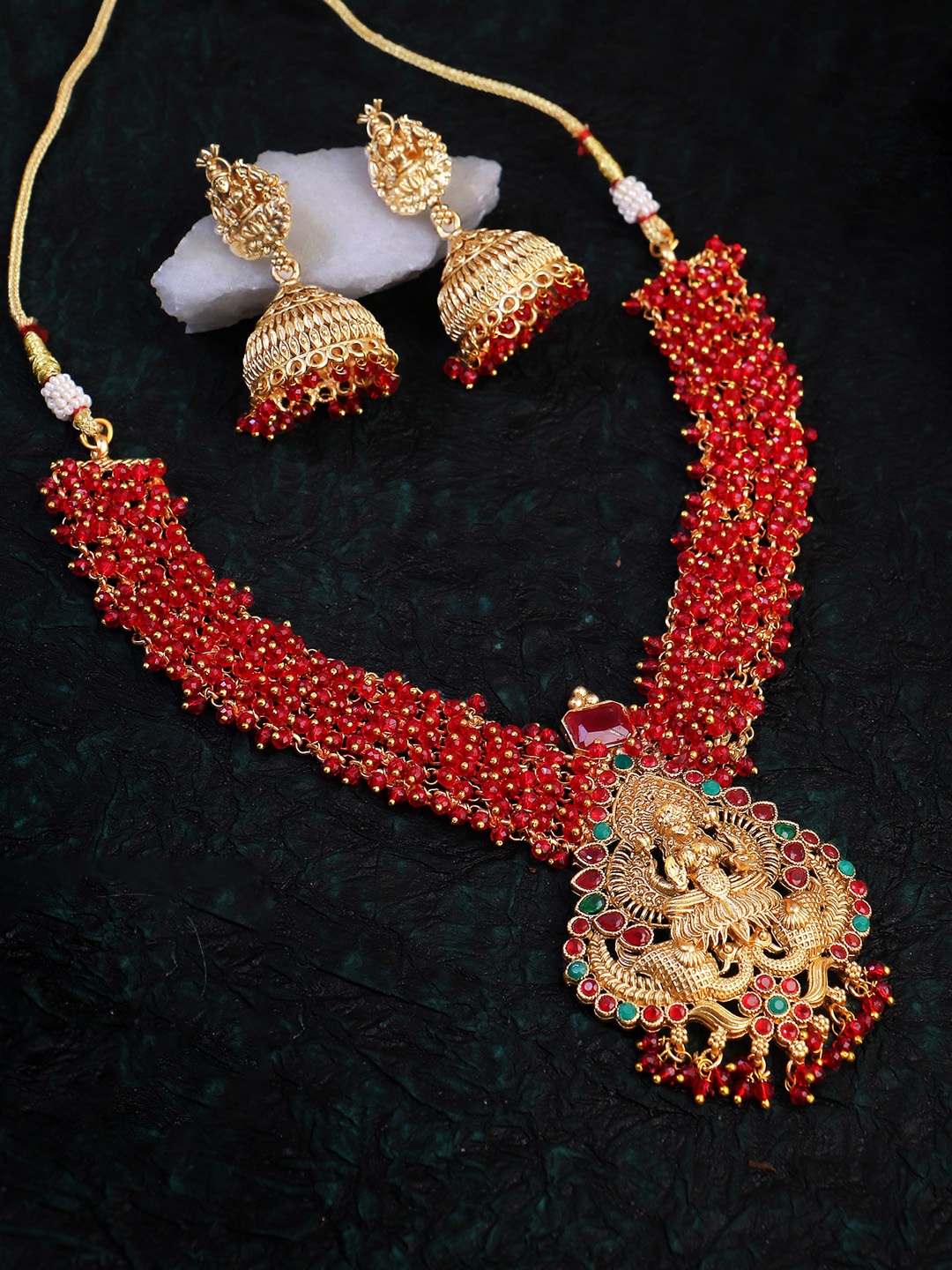 

Adwitiya Collection Gold-Plated Stone Studded & Beaded Jewellery Set