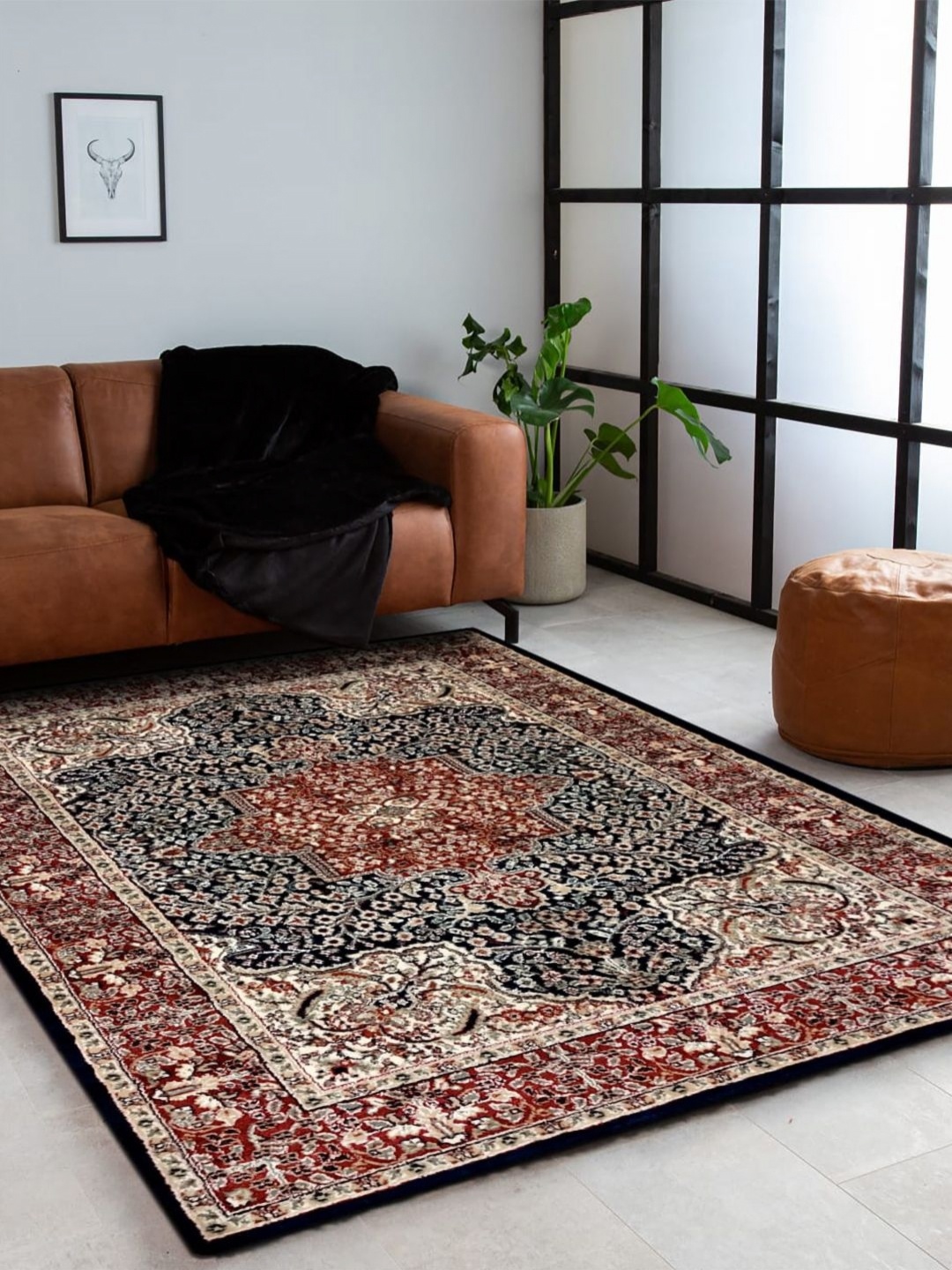 

Carpet Decore White & Navy Blue Ethnic Motifs Printed Nylon Carpet