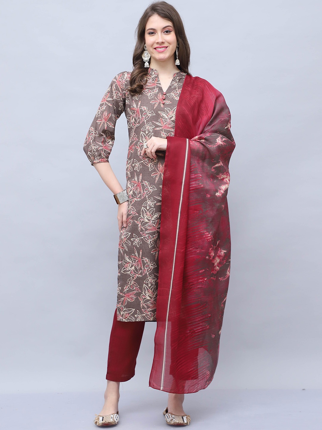 

Roly Poly Floral Printed Straight Kurta with Trousers & Dupatta, Brown