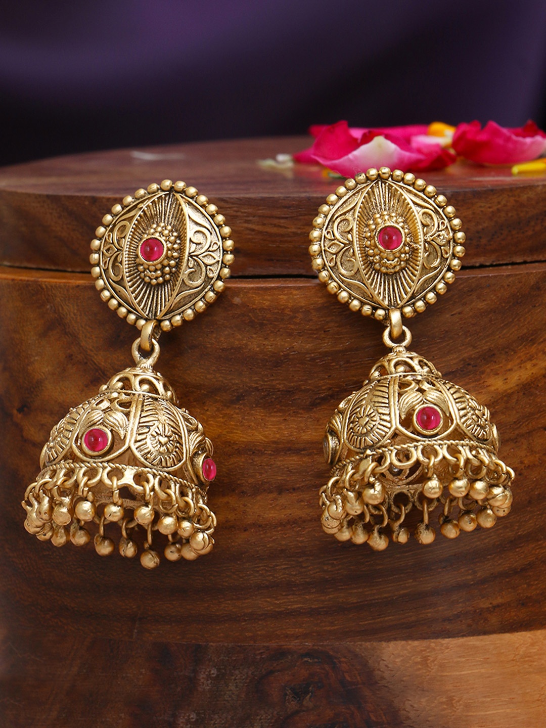 

Adwitiya Collection Gold-Plated Stone Studded Dome Shaped Jhumkas