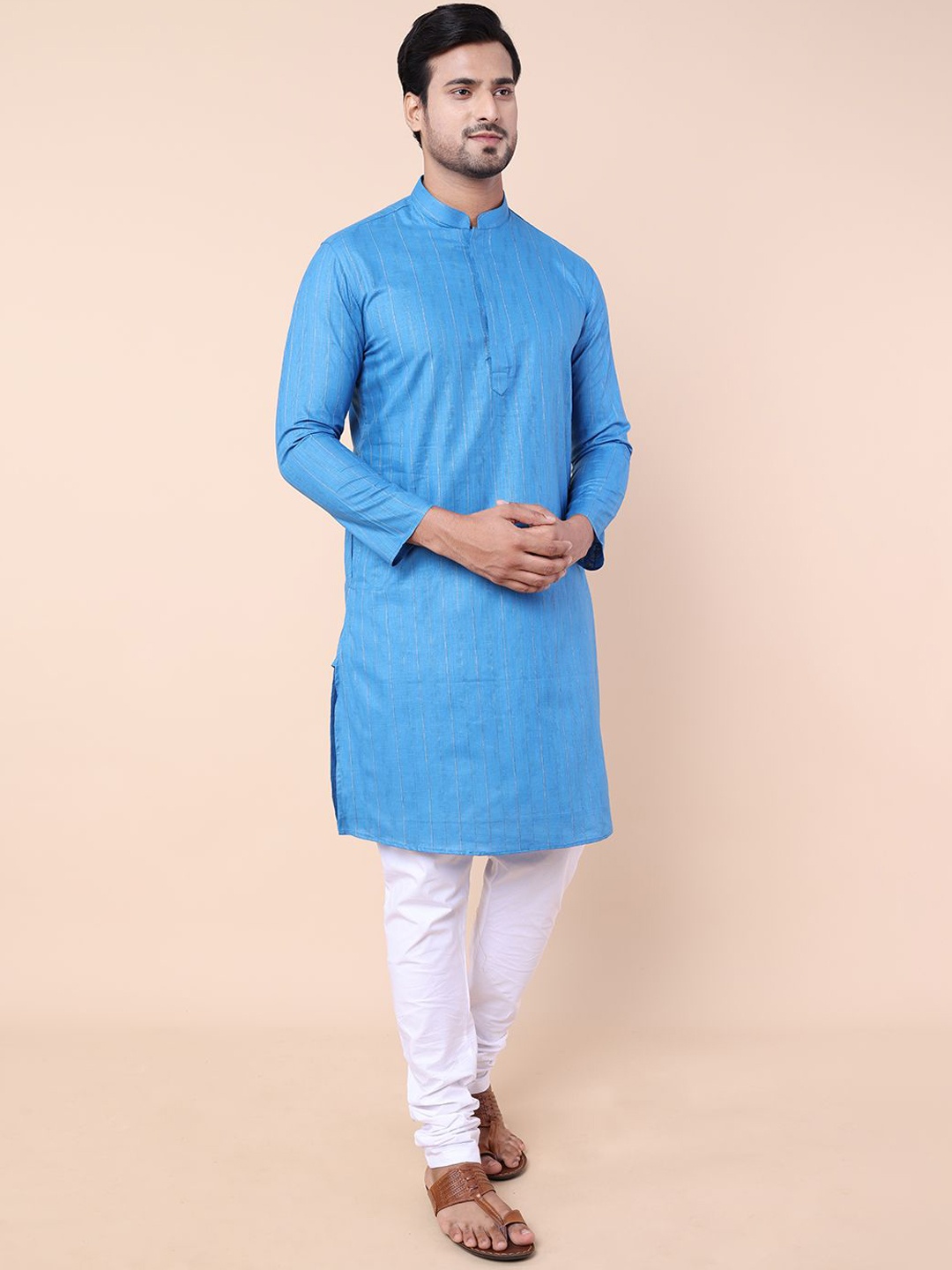 

NAMASKAR Printed Mandarin Collar Pure Cotton Straight Kurta with Pyjamas, Blue