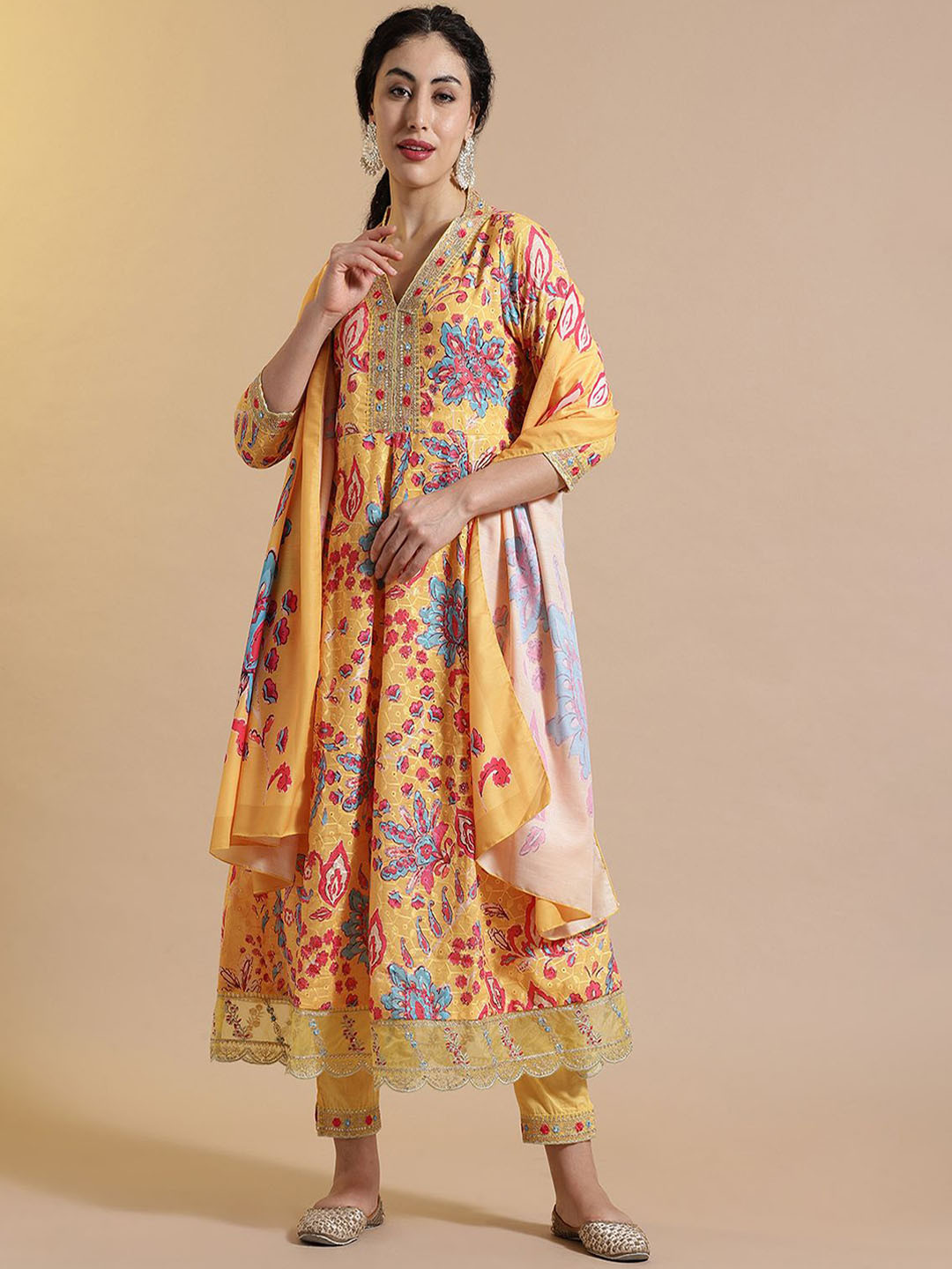 

STYLEBAAZI Women Floral Embroidered Thread Work Pure Cotton Kurta with Trousers & Dupatta, Yellow