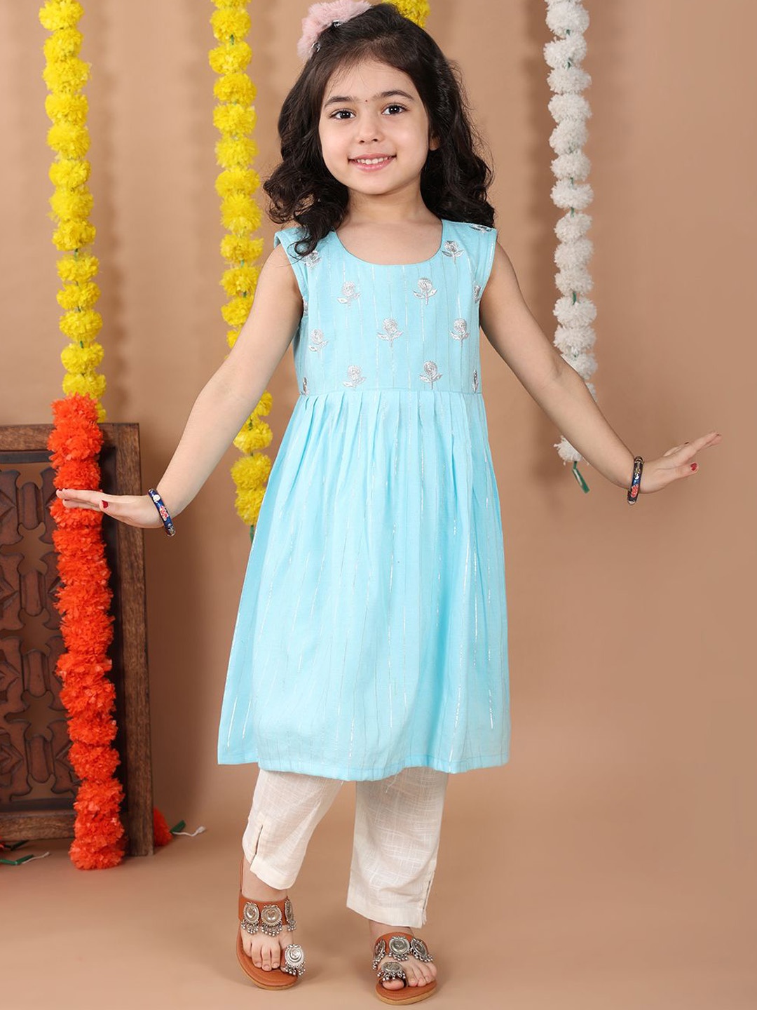 

Sangria Girls Embroidered Zari Pure Cotton A Line Kurta With Trousers, Blue