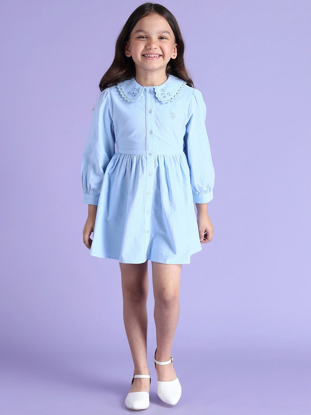 

U.S. Polo Assn. Kids Peter Pan Collar Bishop Sleeve Fit & Flare Dress, Blue