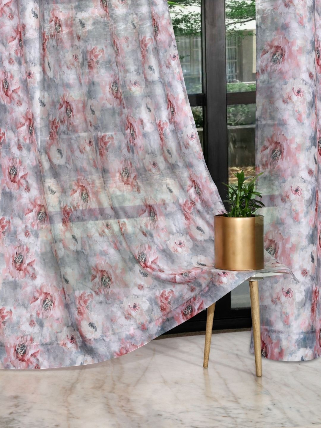 

ROSARA HOME Grey and Pink 2 Pieces Floral Printed Sheer Long Door Curtains
