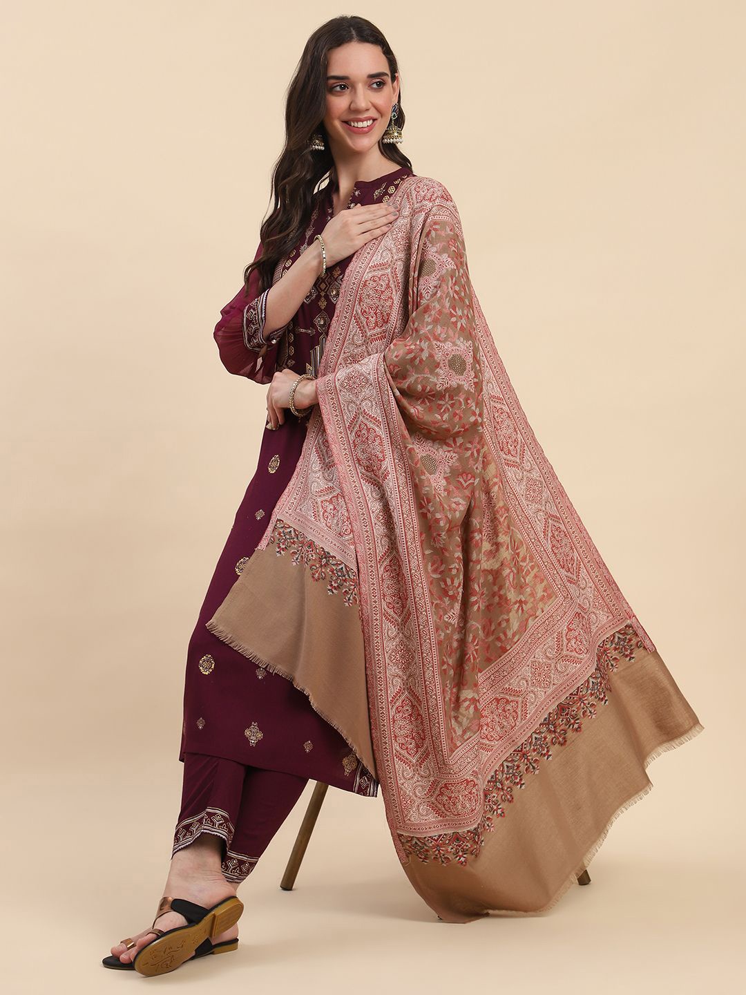 

La Vastraa Women Woven Design Stole, Beige