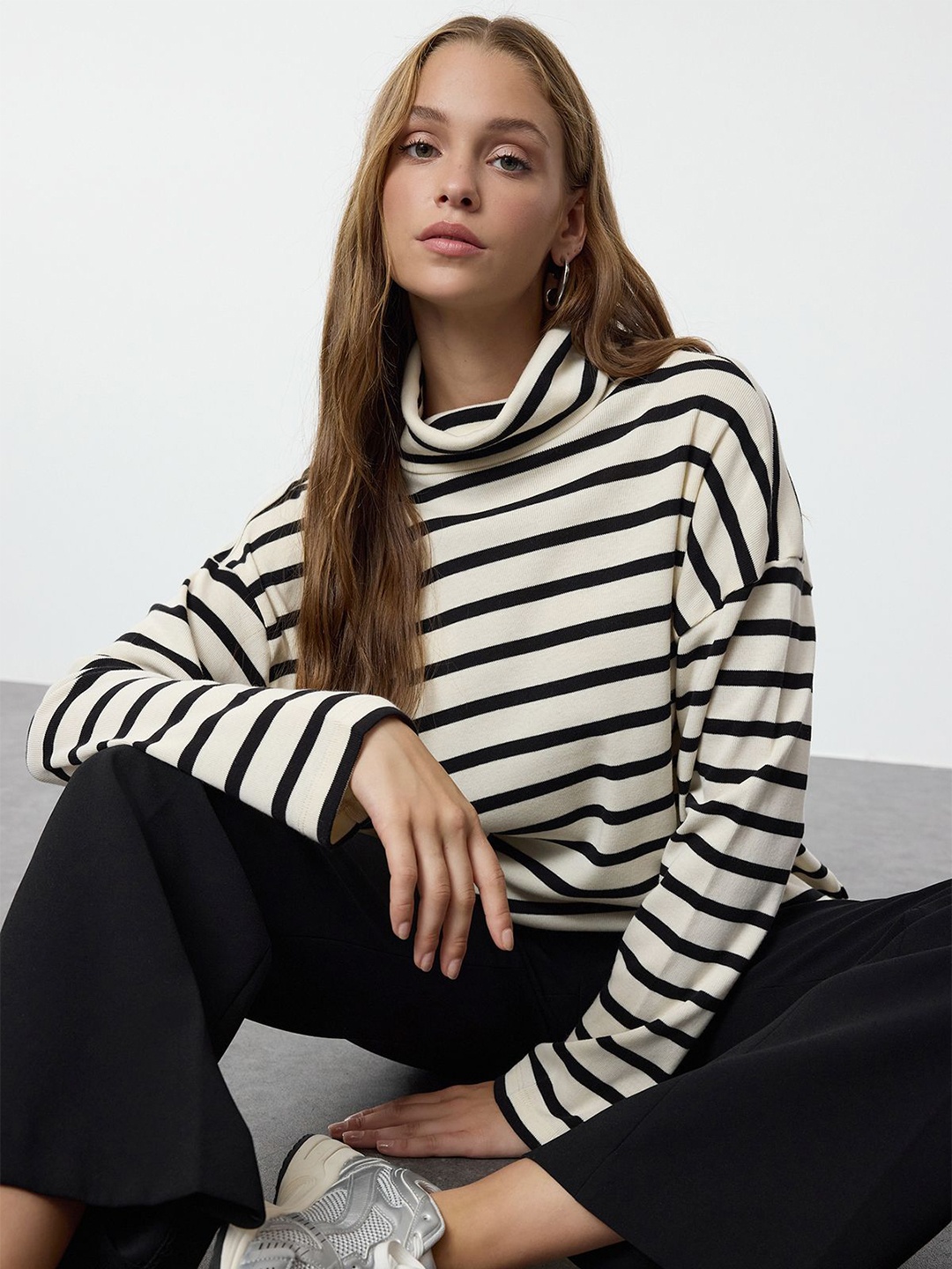 

Trendyol Striped Cowl Neck Cotton Top, Na