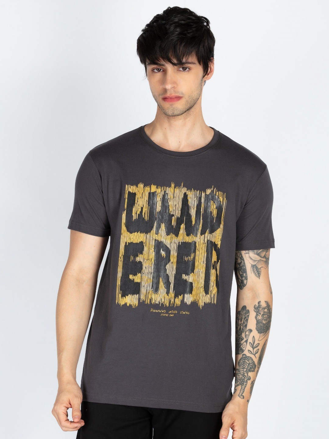 

Status Quo Men Typography Printed Round Neck Cotton T-shirt, Charcoal